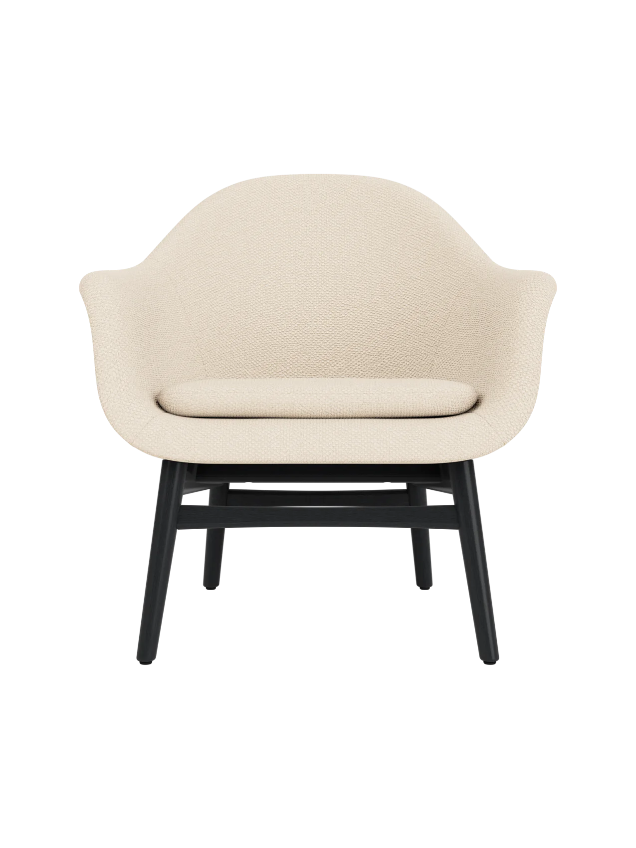 Sculptural Harbour Lounge Chair in cream Logan Jasmine upholstery with a solid black painted oak wood base.