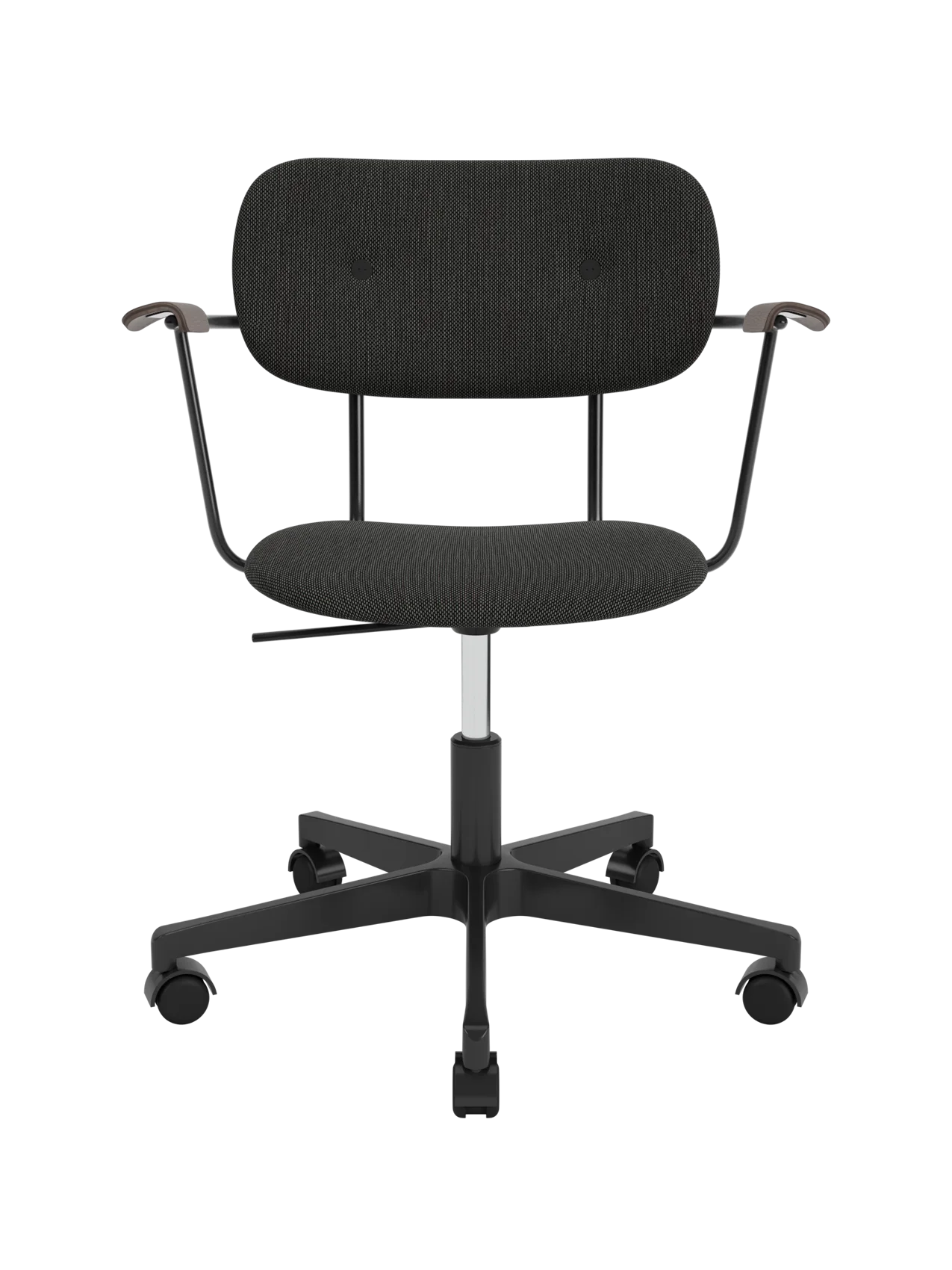 Fully upholstered Co Task Chair with grey Re-wool fabric, dark stained oak armrests and a black swivel base on casters.