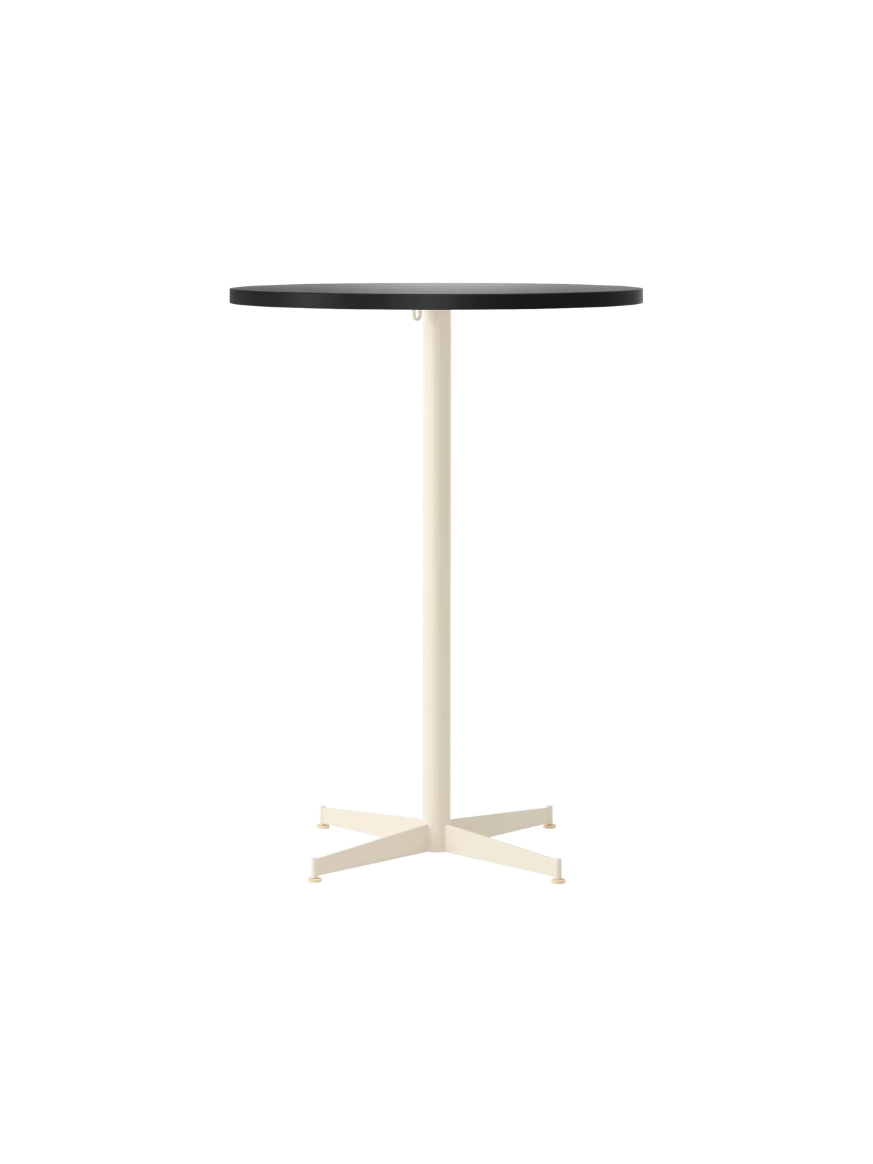 Front view of the Nook Bar Table, featuring a dark, round tabletop on a slender ivory stem and matching four-star base.