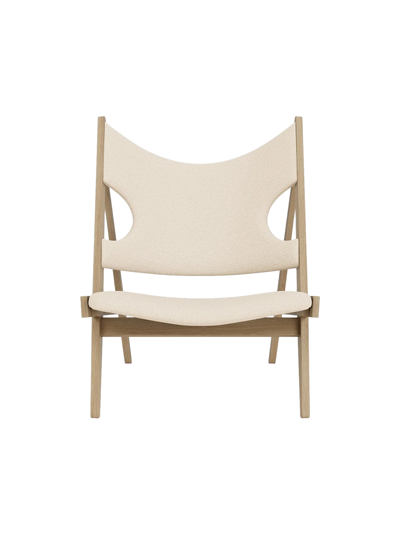 Front view of the Knitting Lounge Chair in natural oak with off-white textile upholstery on a black background.