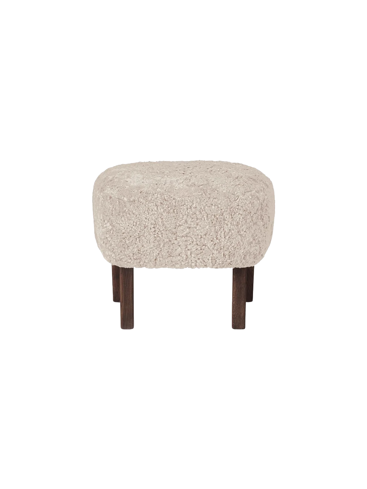 A front view of the Ingeborg Ottoman, upholstered in fluffy, off-white Moonlight sheepskin with four dark stained oak legs.