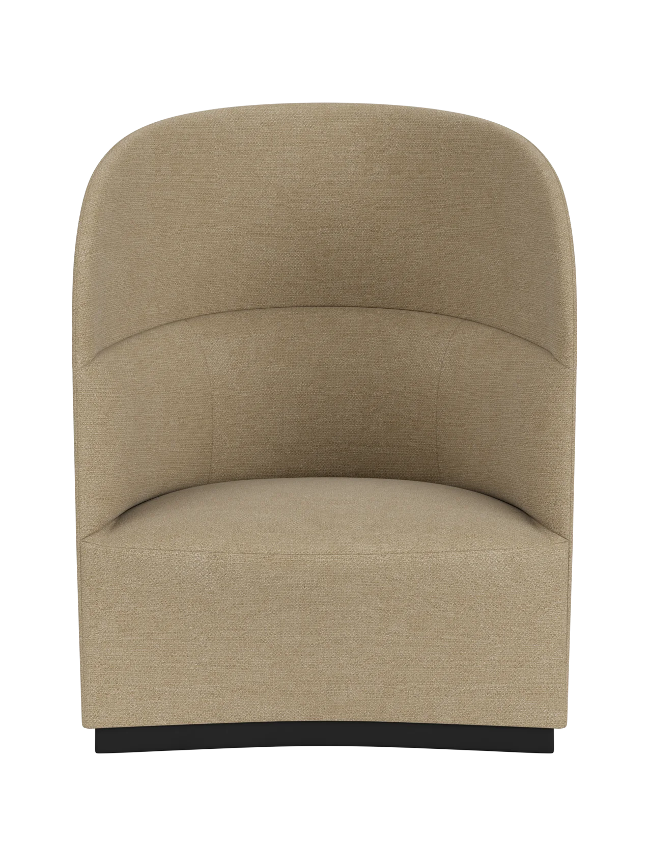 Front view of the Tearoom Lounge Chair, High Back upholstered in light brown Audo Bouclé 02, set against a black background.