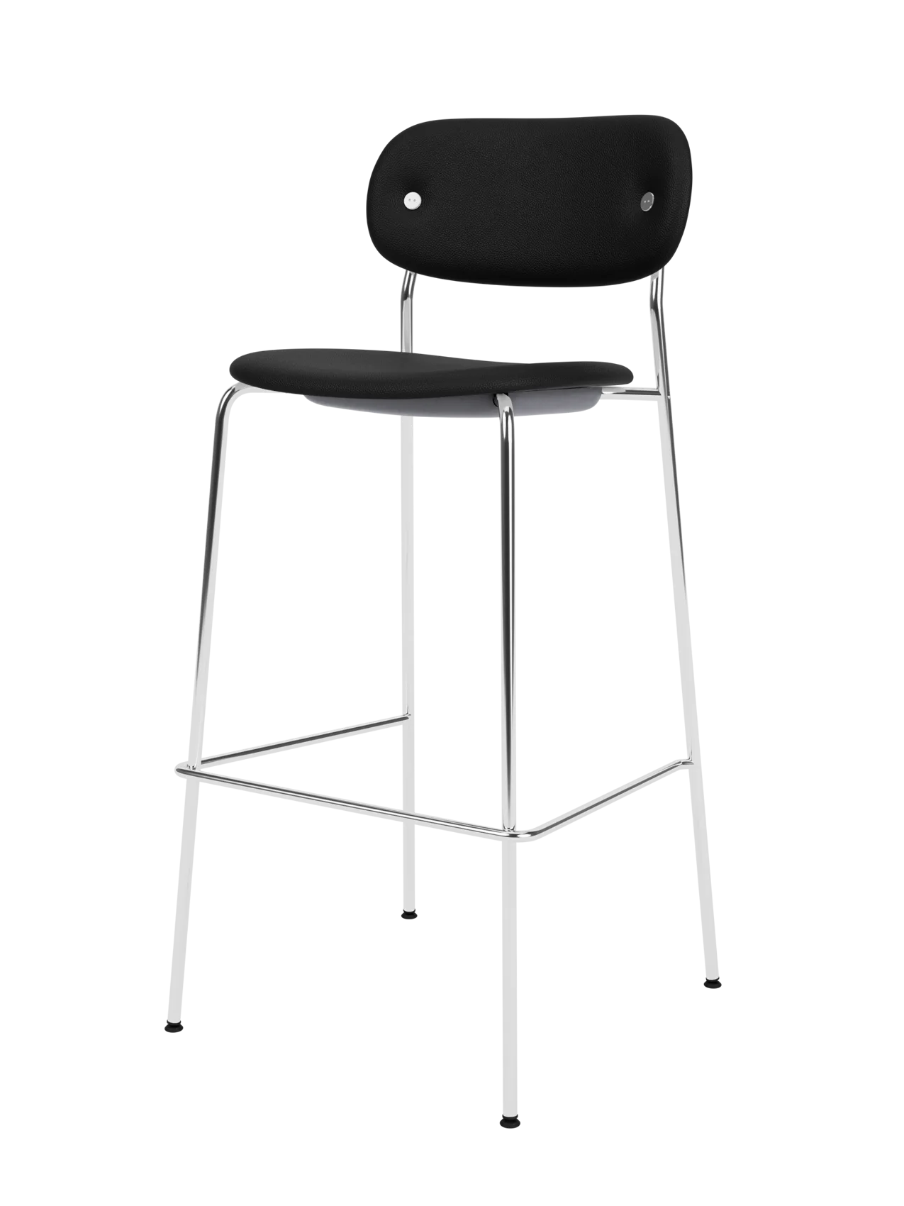 Co Bar Chair with black Sierra 1001 leather upholstery and a slender chrome frame, featuring a built-in footrest.