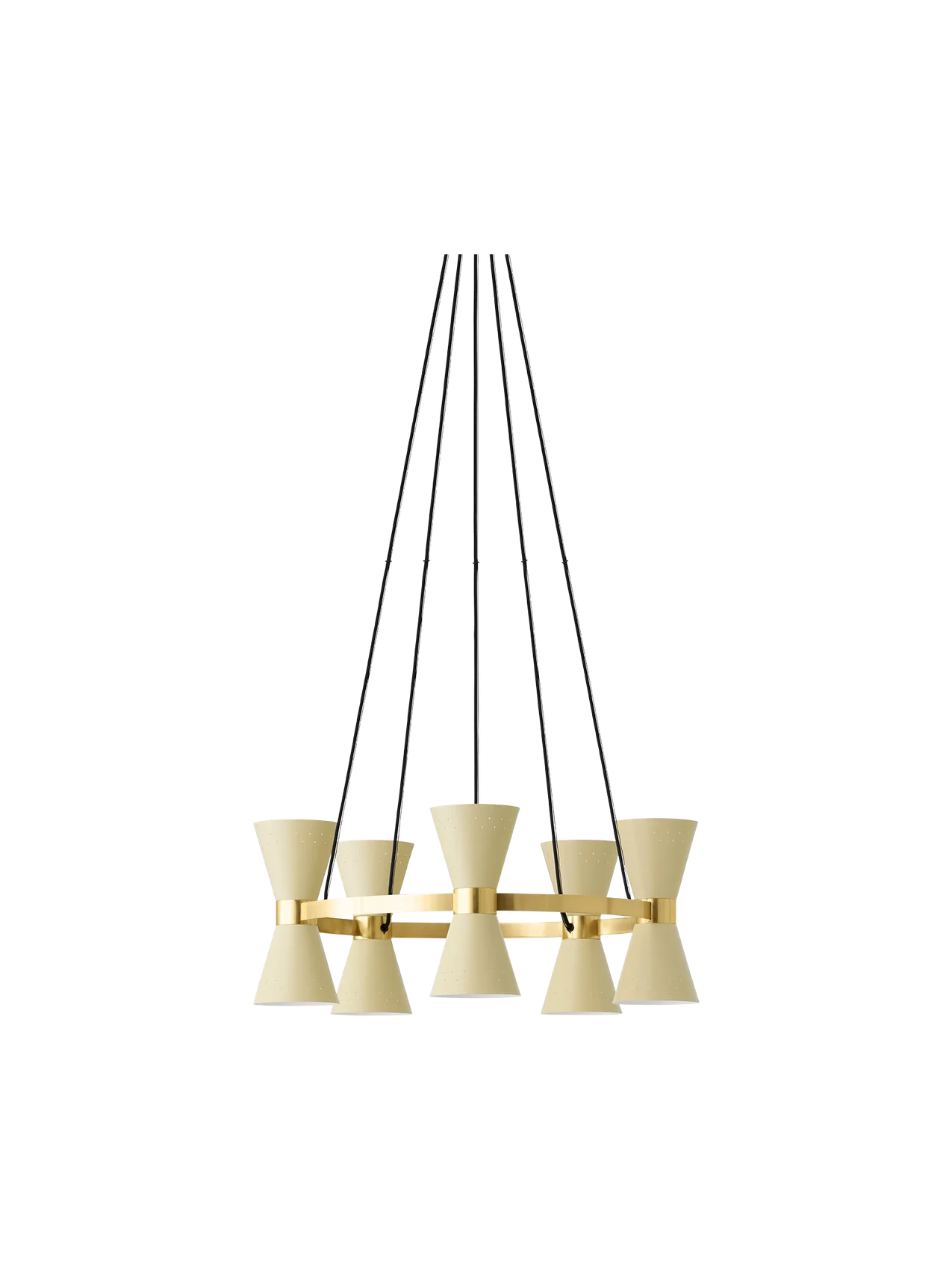 Front view of the Collector Chandelier, 5, featuring cream-coloured, hourglass-shaped shades on a polished brass band.