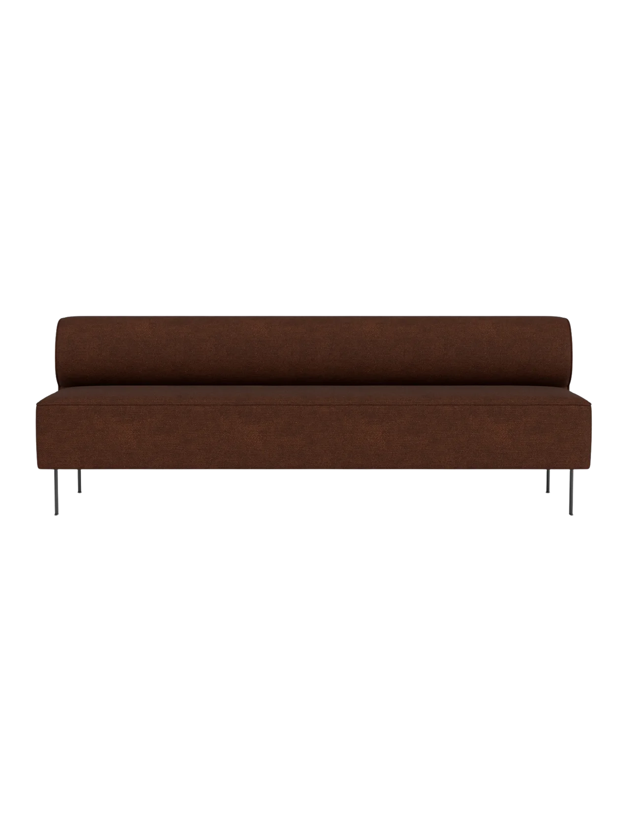 Front view of the Eave Dining Sofa. The long, armless sofa is upholstered in a textured brown fabric and has thin metal legs.