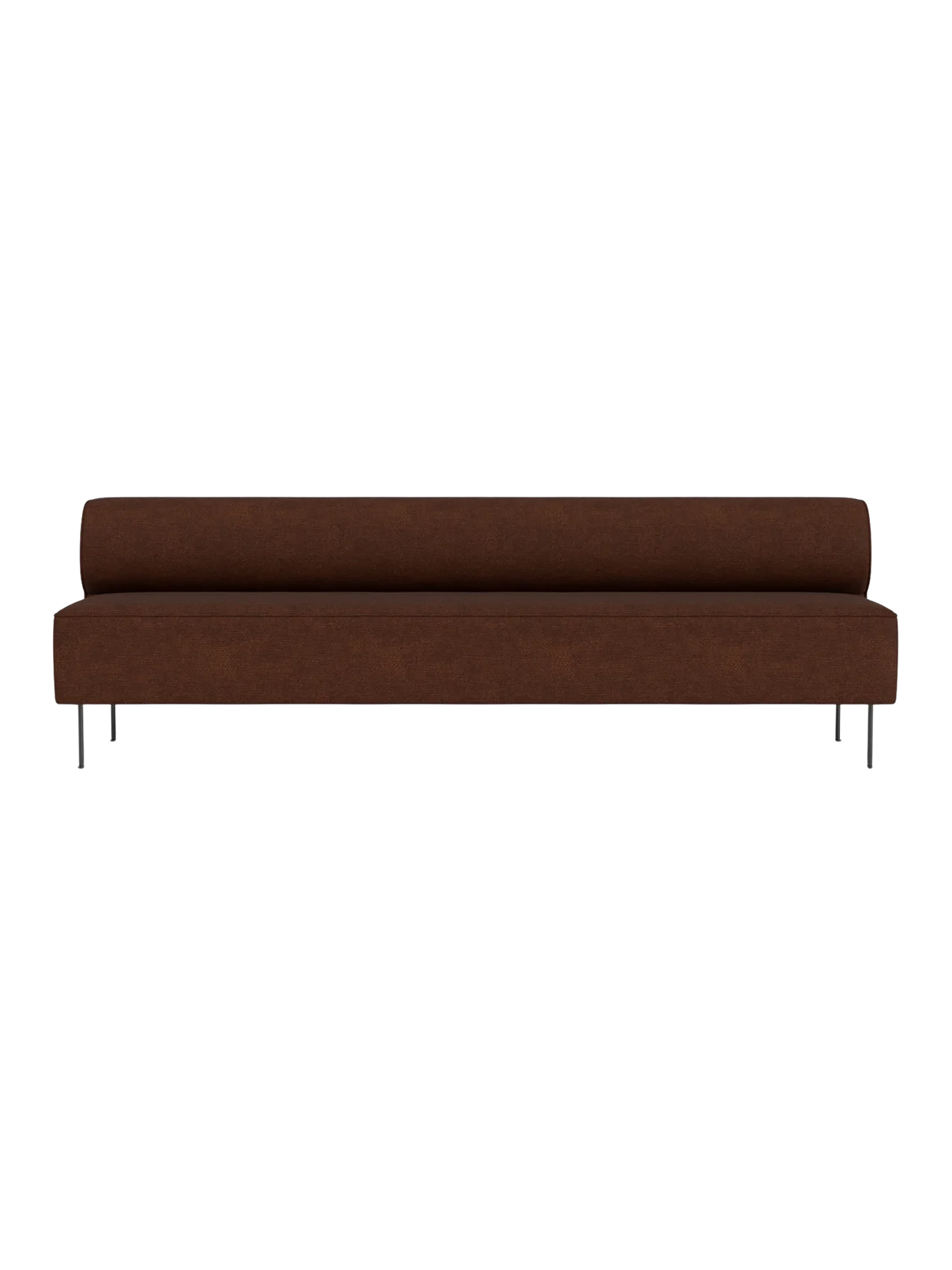 Front view of the brown Eave Dining Sofa. The long, minimalist sofa features a low back and slender, dark metal legs.