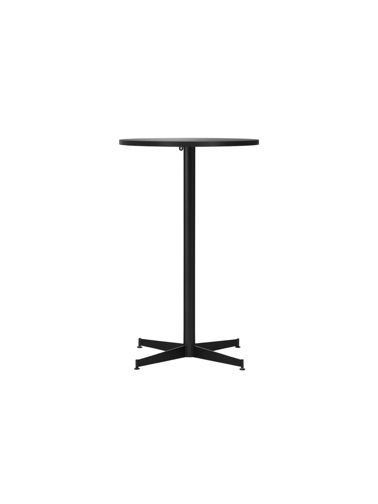 A front view of the Nook Counter Table with a round charcoal linoleum top and a black pedestal with an X-shaped base.