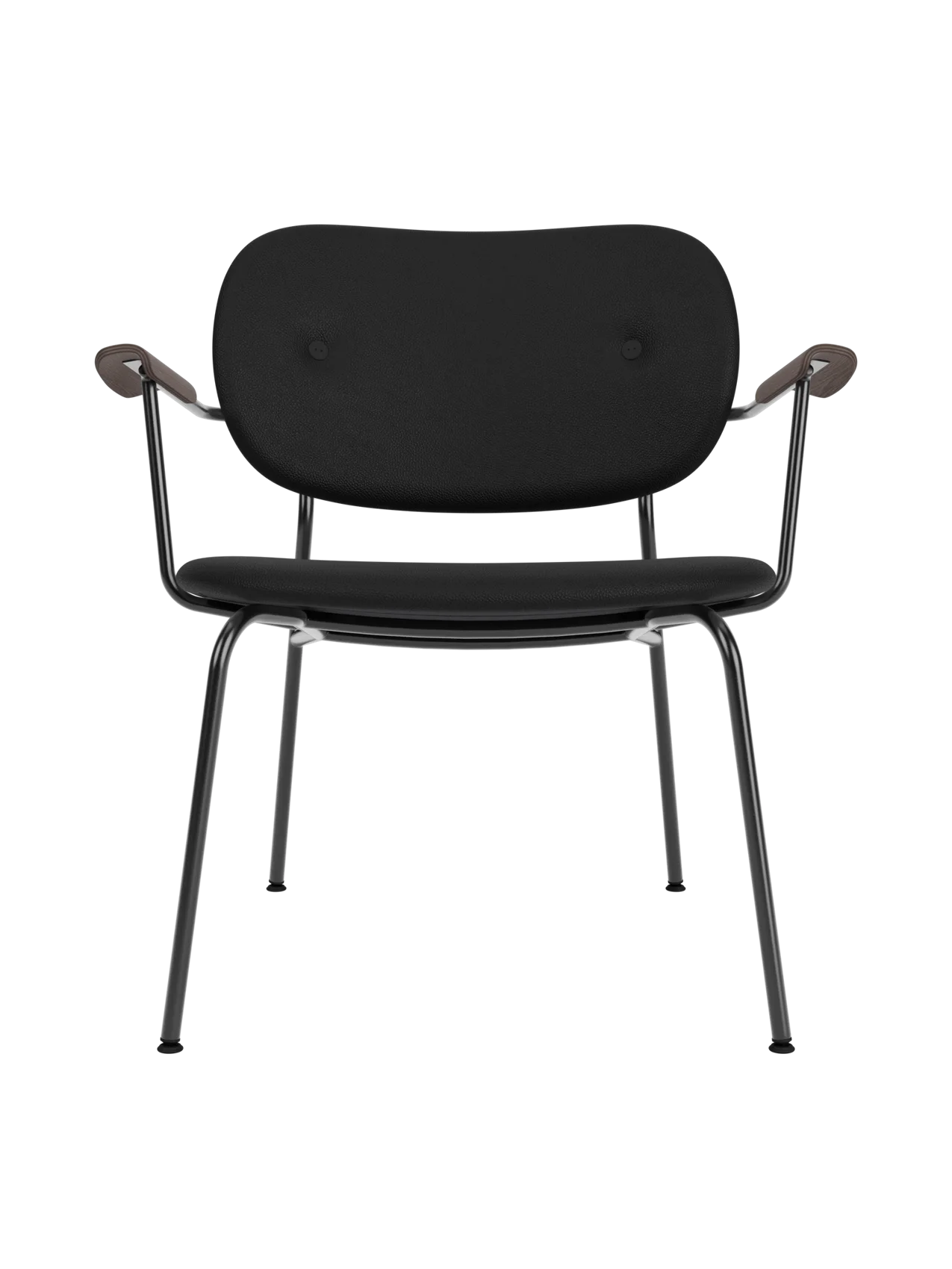 Fully upholstered Co Lounge Chair in black leather with dark stained oak armrests and a slender black steel base.