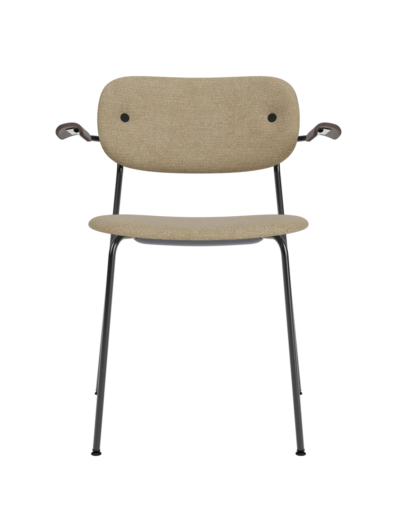 Fully upholstered Co Dining Chair with armrests, featuring beige bouclé fabric and dark stained oak on a black frame.
