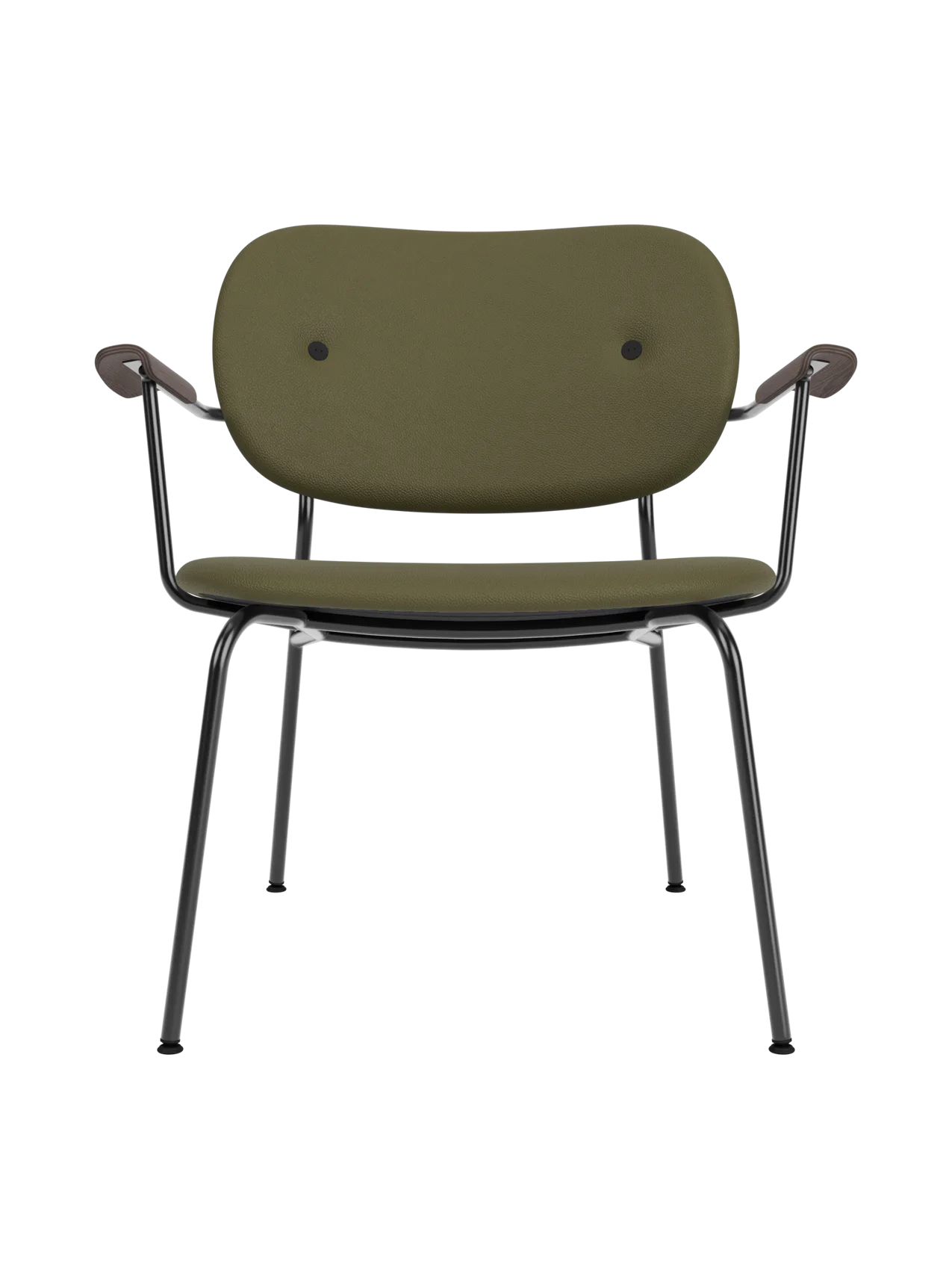 Co Lounge Chair with olive Sierra 0441 upholstery, dark stained oak armrests and a slender black steel frame.