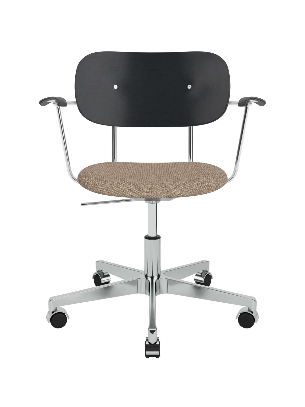 Co Task Chair with black oak back, Logan Flint upholstered seat and chrome swivel base with armrests and castors.