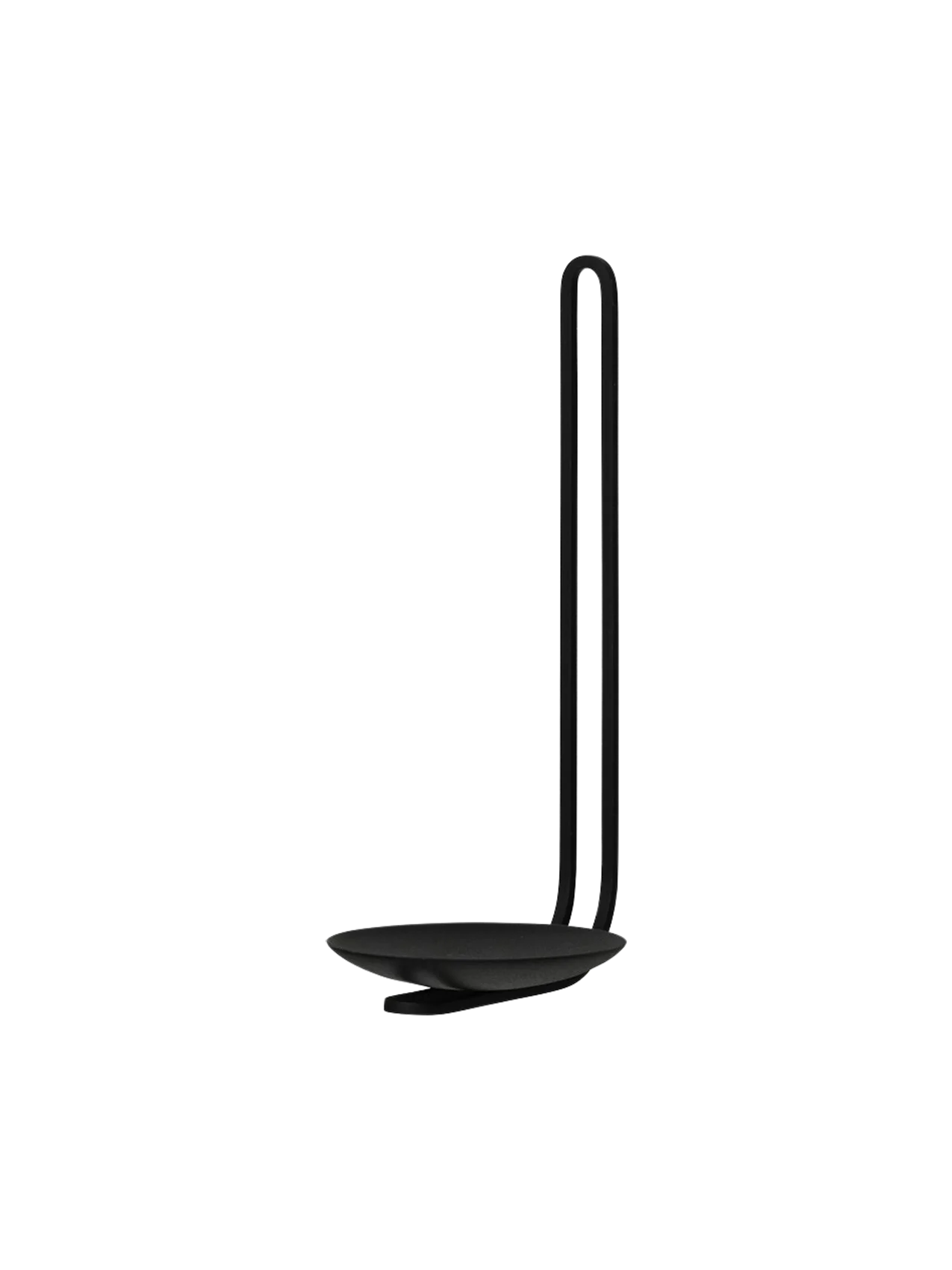Angled view of the minimalist black Clip Candle Holder for walls, with a sleek, looped frame and a small dish for a candle.