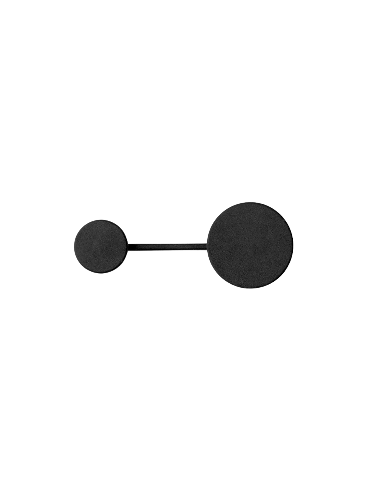 A front view of the small Afteroom Coat Hanger in black and brass, featuring two circular hooks of different sizes on a bar.