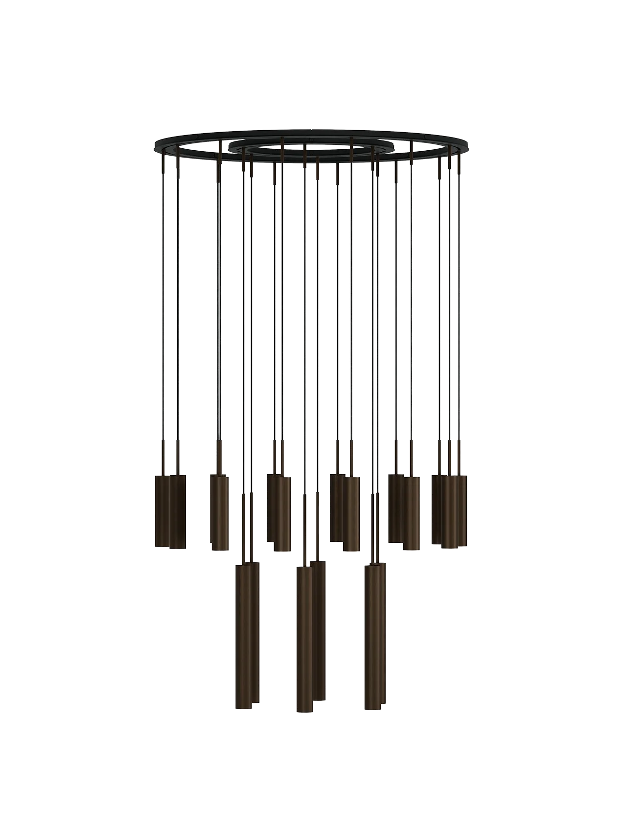 Front view of the Tubulaire Chandelier with 20 lights, featuring reeded bronzed brass pendants hanging from a circular frame.