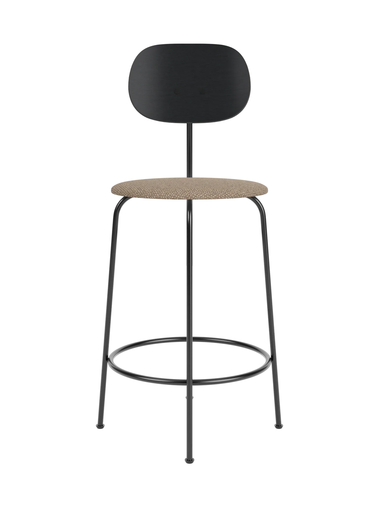 Afteroom Counter Chair Plus with a black oak backrest, Logan Flint upholstered seat and slender black metal frame.
