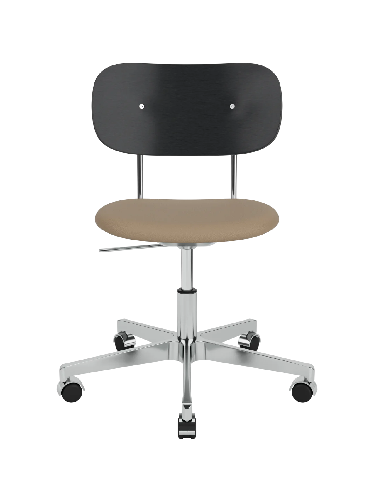 Co Task Chair featuring a black painted oak back, tan Sierra 1611 leather seat and polished aluminium base with castors.