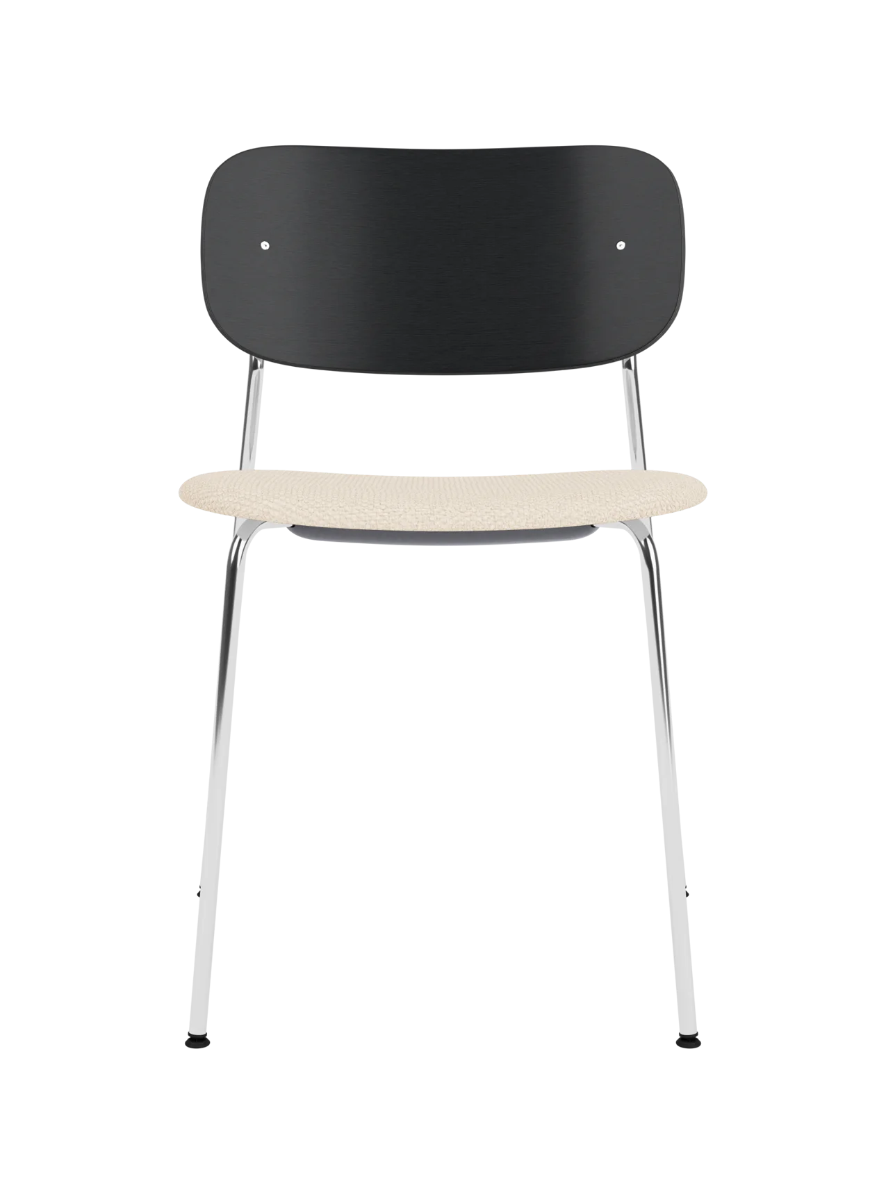 Co Dining Chair featuring a wide black oak backrest, Logan Jasmine upholstered seat and a sleek chrome frame.