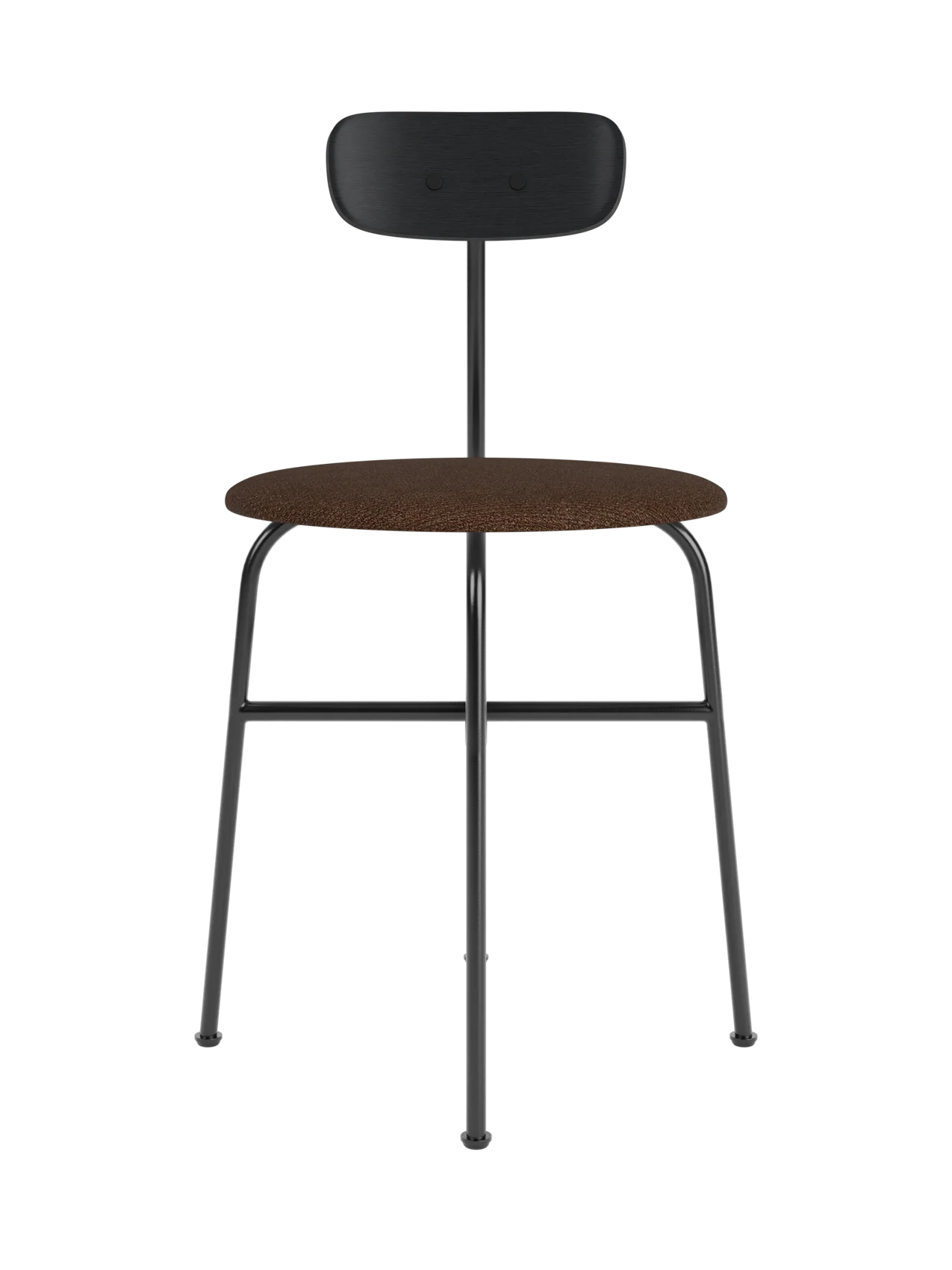 Afteroom Dining Chair with black painted oak backrest and brown Audo Bouclé 07 upholstered seat on a black frame.
