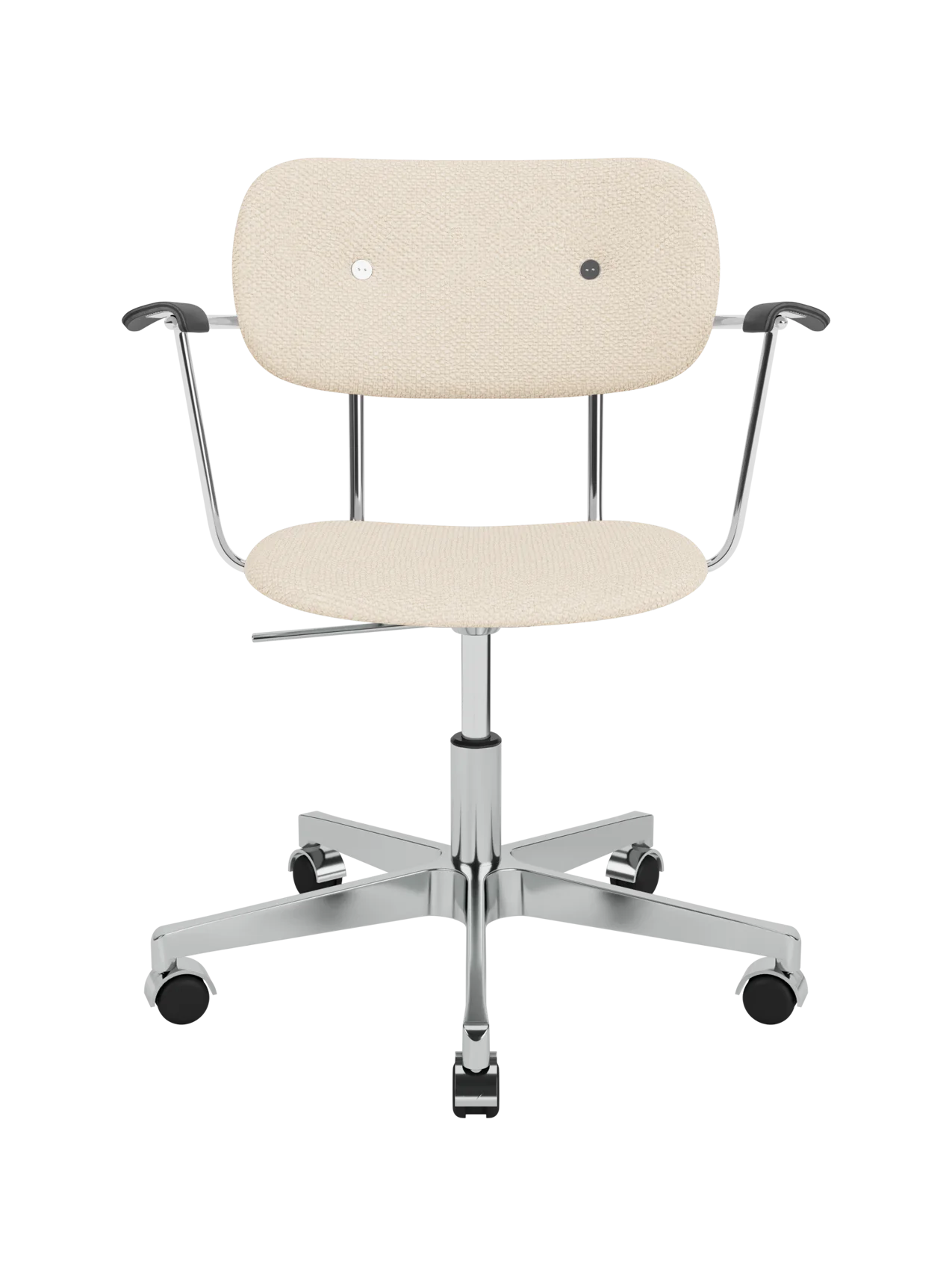 Co Task Chair in Logan Jasmine upholstery with black oak armrests and a chrome swivel base with casters.