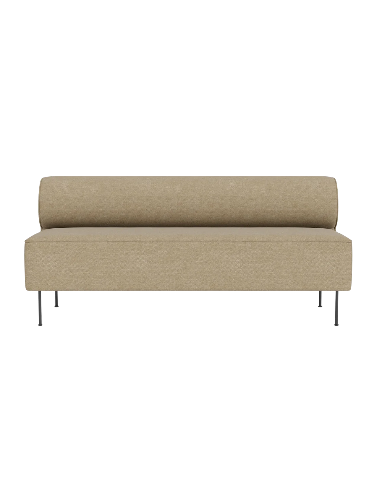 Front view of the Eave Dining Sofa in a light brown fabric. The sofa has a minimalist design with a cylindrical backrest.