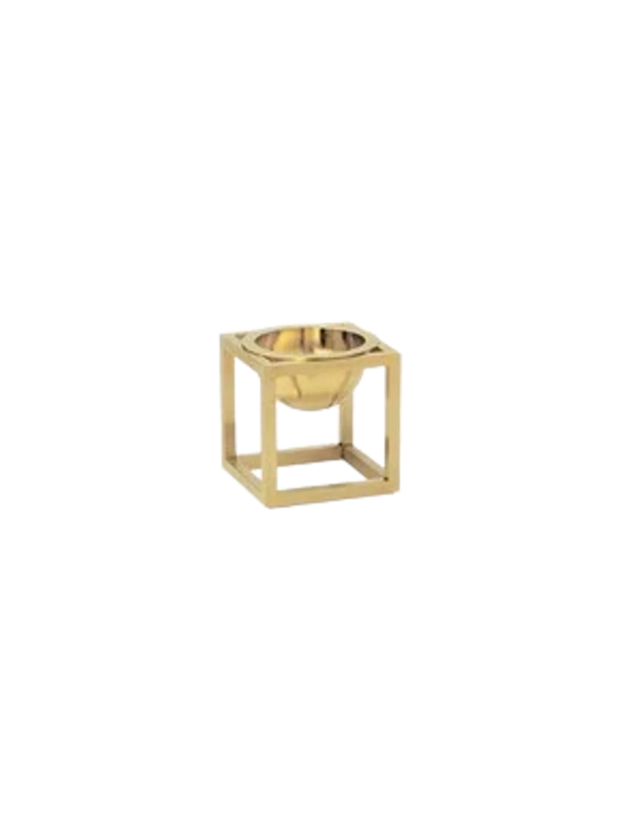 A gold Kubus Bowl Mini shown at an angle against a black background. The decorative object has a cubic frame holding a bowl.
