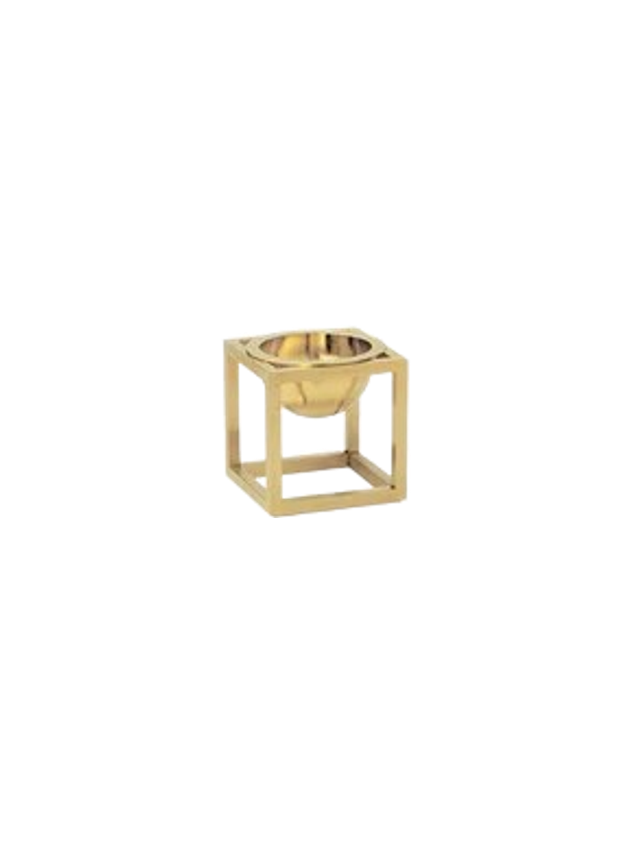 A gold Kubus Bowl Mini shown at an angle against a black background. The decorative object has a cubic frame holding a bowl.