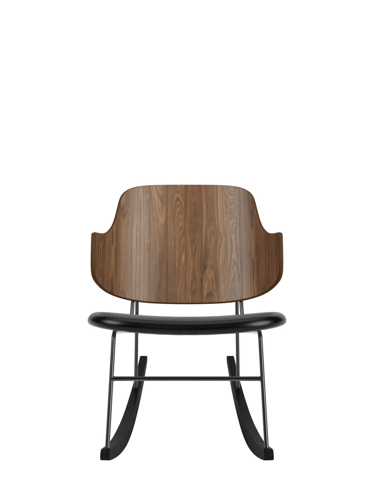 The Penguin Rocking Chair with a curved walnut back, black leather upholstered seat and a minimalist black steel frame.