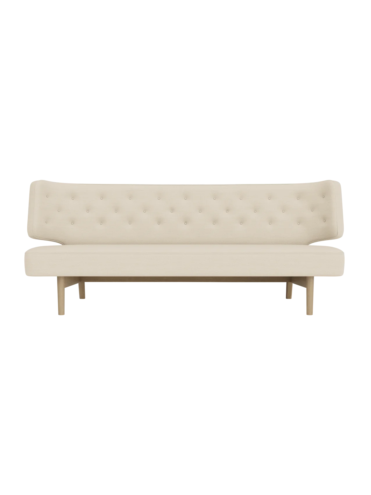 Front view of the Radiohus Sofa P2, featuring a button-tufted backrest, light Hallingdal upholstery and natural oak legs.