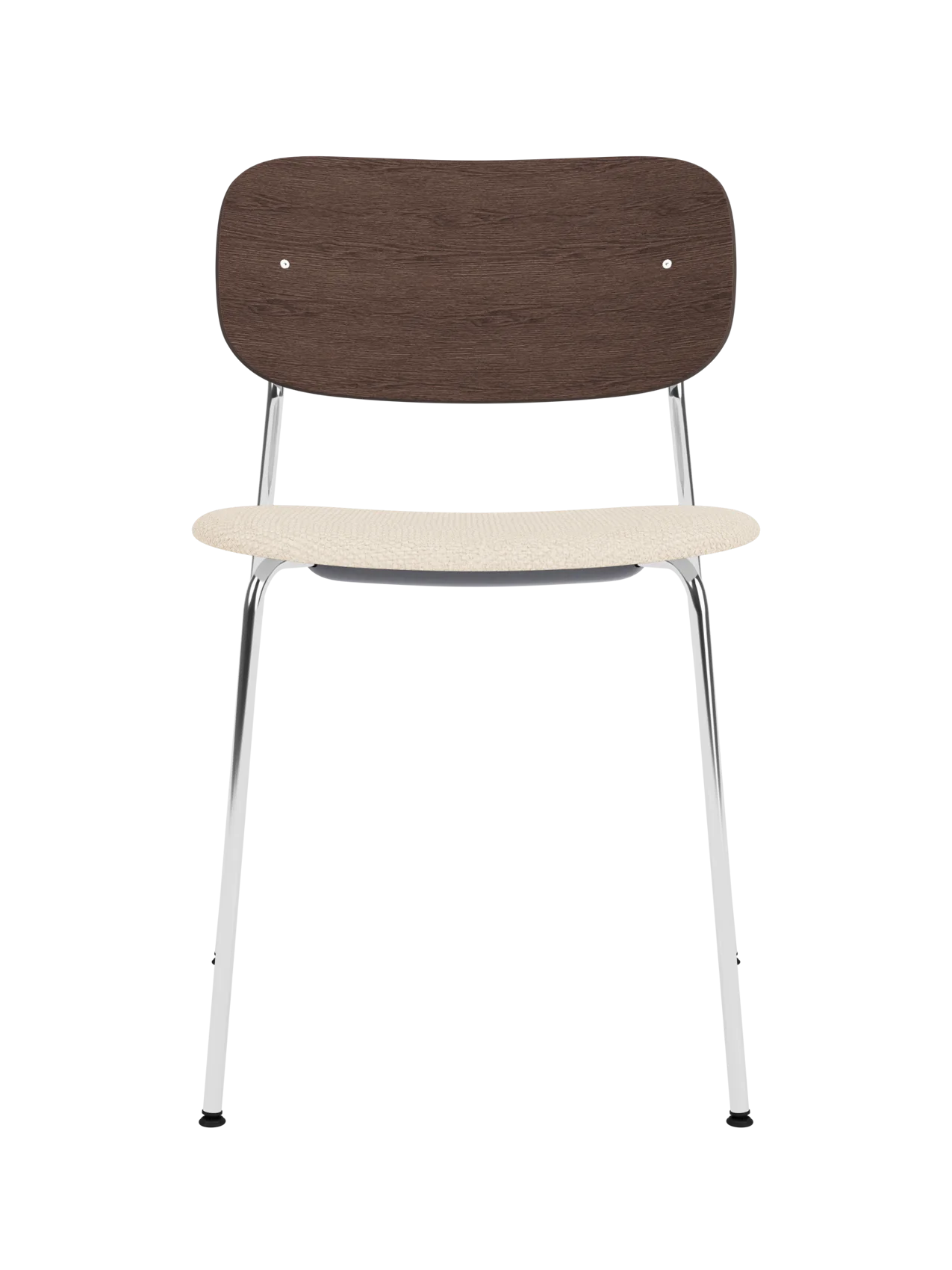 Co Dining Chair with a chrome frame, dark stained oak veneer backrest and Logan Jasmine upholstered seat.
