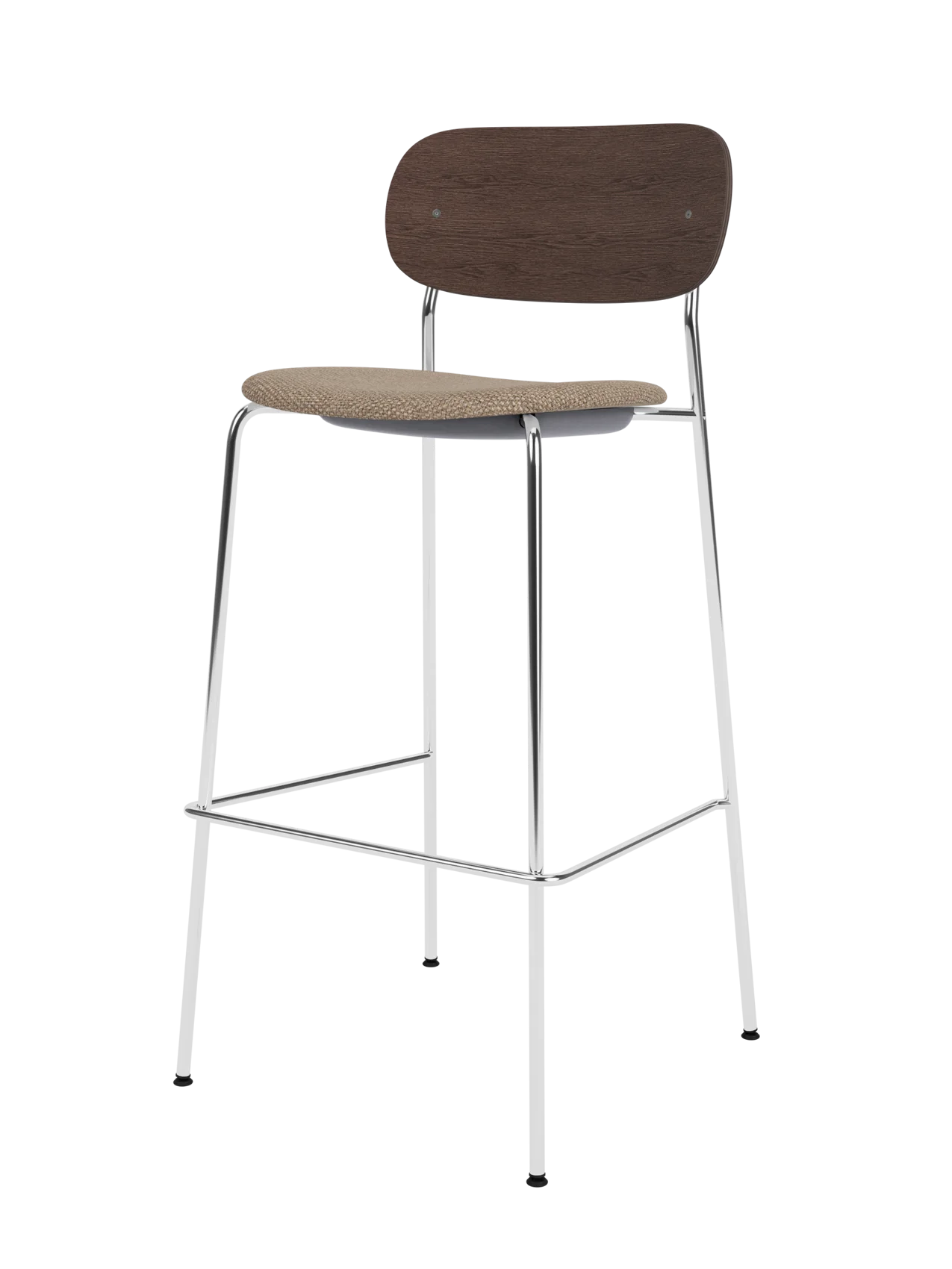 Co Bar Chair with dark stained oak back, textured Logan Flint seat and a slender polished chrome frame.