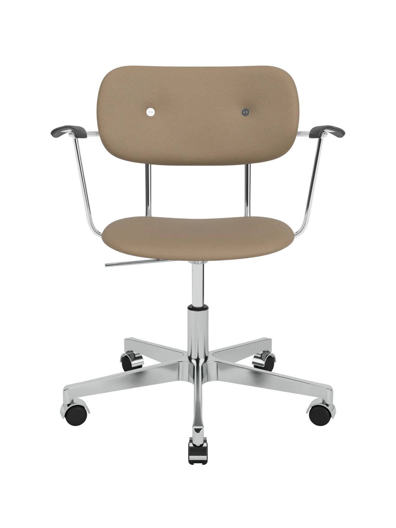 Co Task Chair with tan Sierra leather upholstery, black painted oak armrests and a polished chrome base with casters.