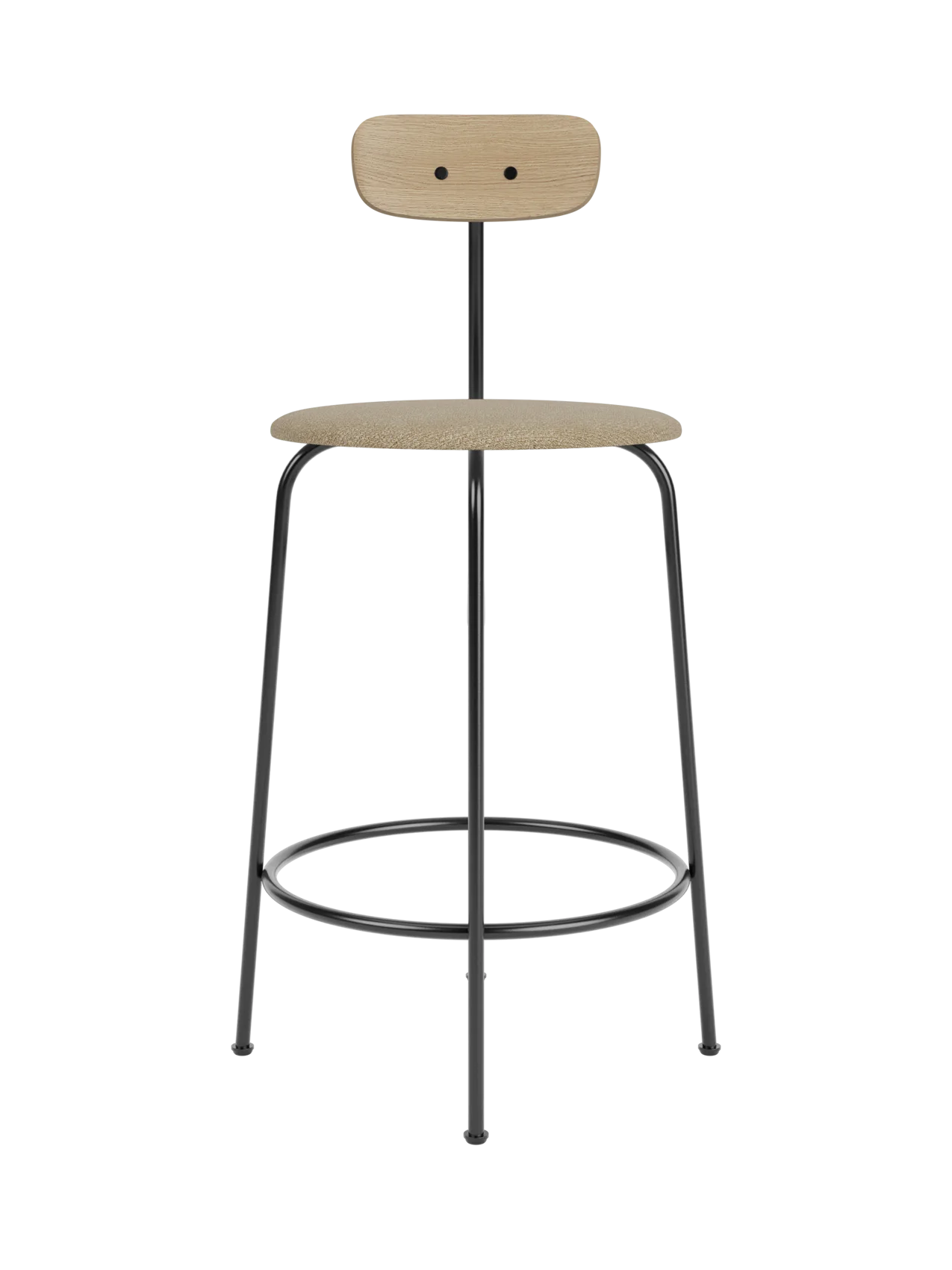 Afteroom Counter Chair with a beige bouclé upholstered seat, natural oak backrest and a minimalist black steel frame.