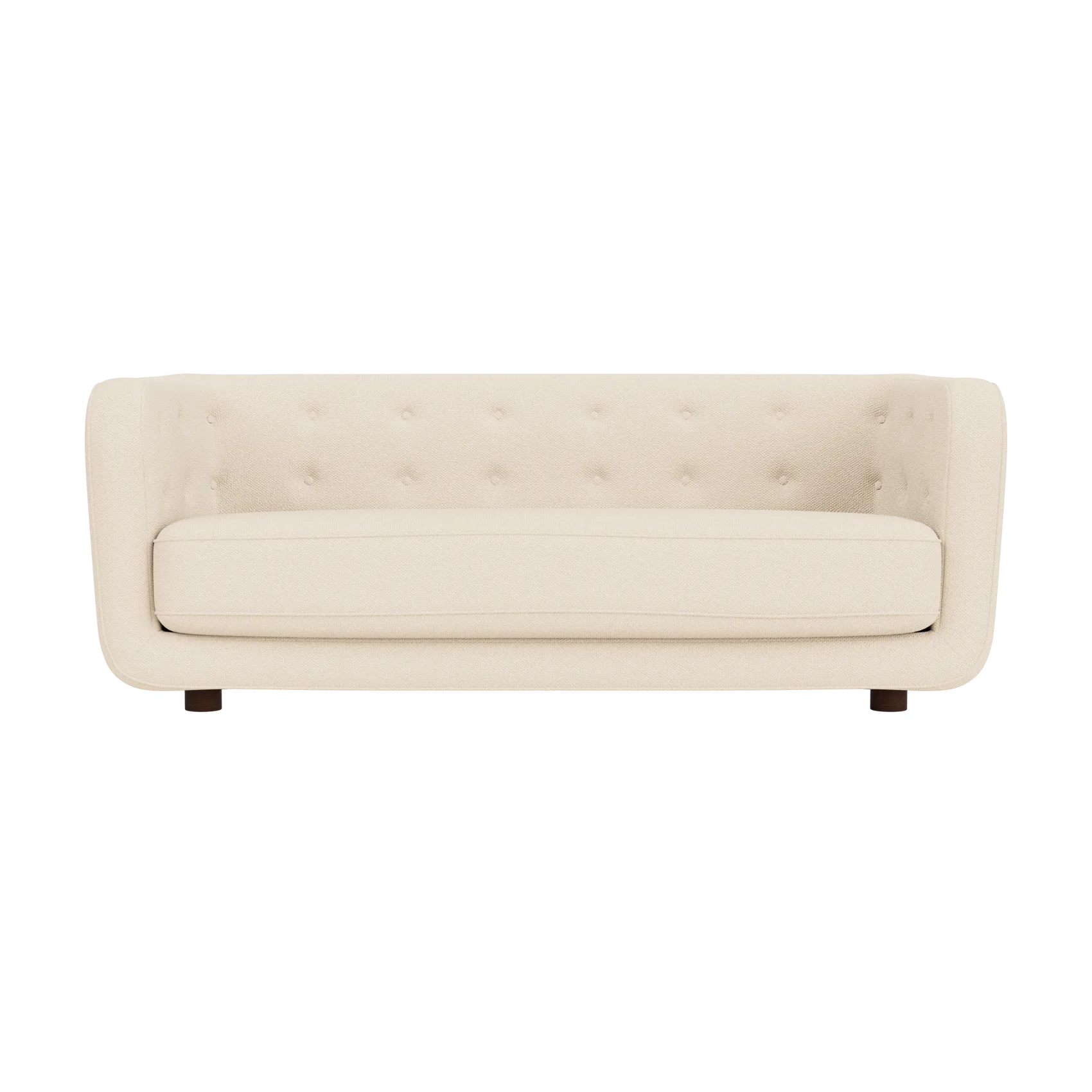 Vilhelm Sofa in Logan Jasmine cream fabric with a button-detailed back and dark smoked oak legs, front-facing view.