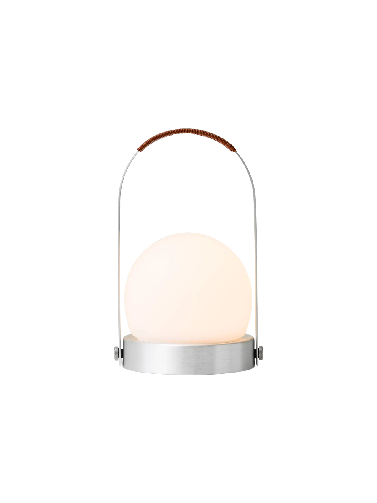 Illuminated Carrie Table Lamp featuring a brushed aluminium base, glowing opal shade and a leather-wrapped handle.