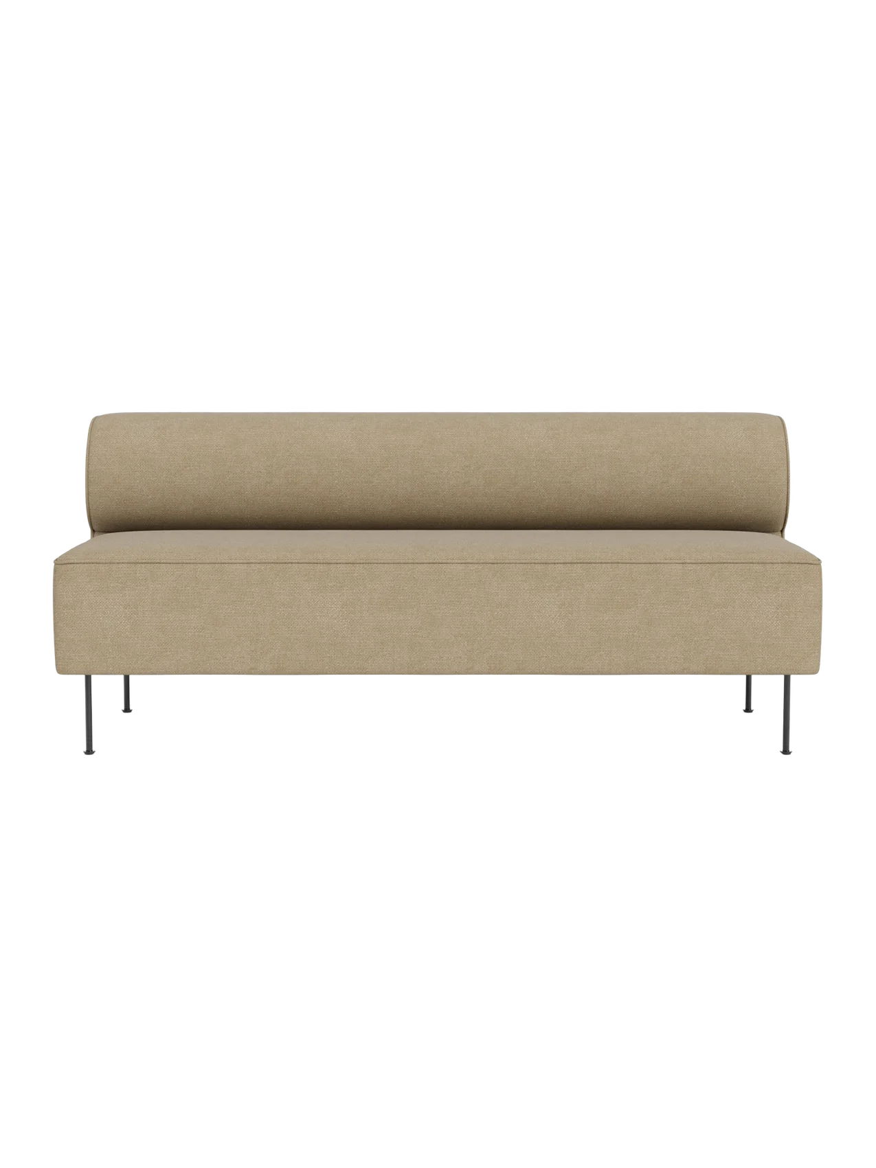Front view of the Eave Dining Sofa in light beige Audo Bouclé 02 fabric, featuring a bolster back and slim metal legs.