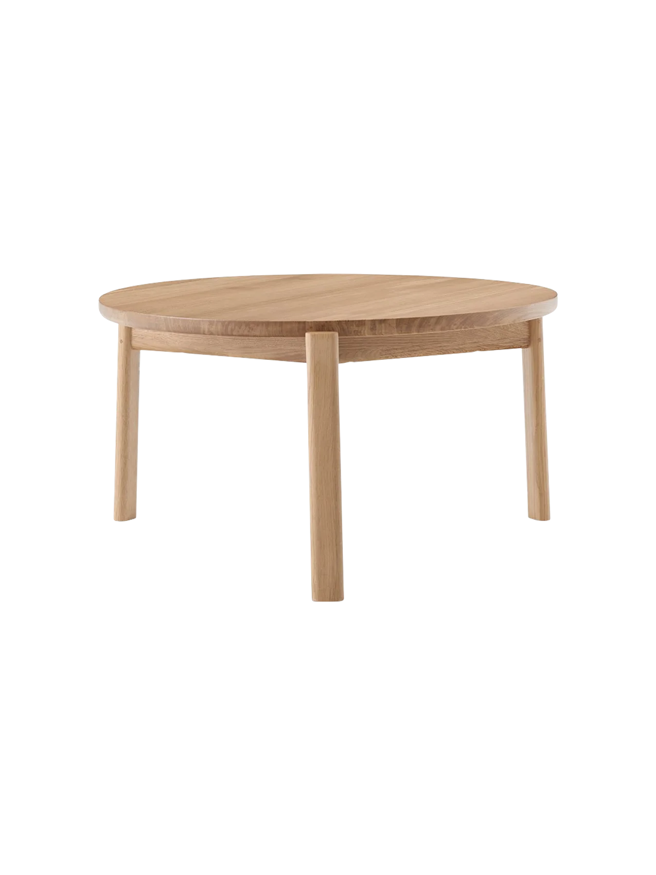 A front-facing image of the round Passage Lounge Table in natural oak, showcasing its circular top and four solid wood legs.