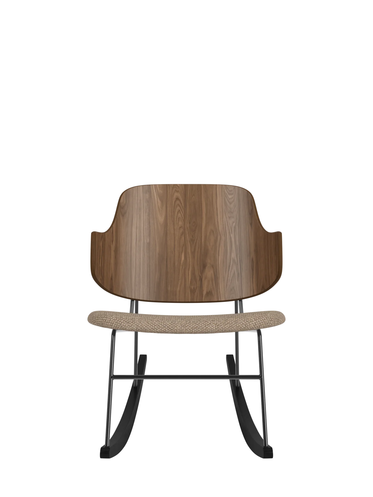 The Penguin Rocking Chair with a curved walnut back and Logan Flint fabric seat on a black steel rocking frame.