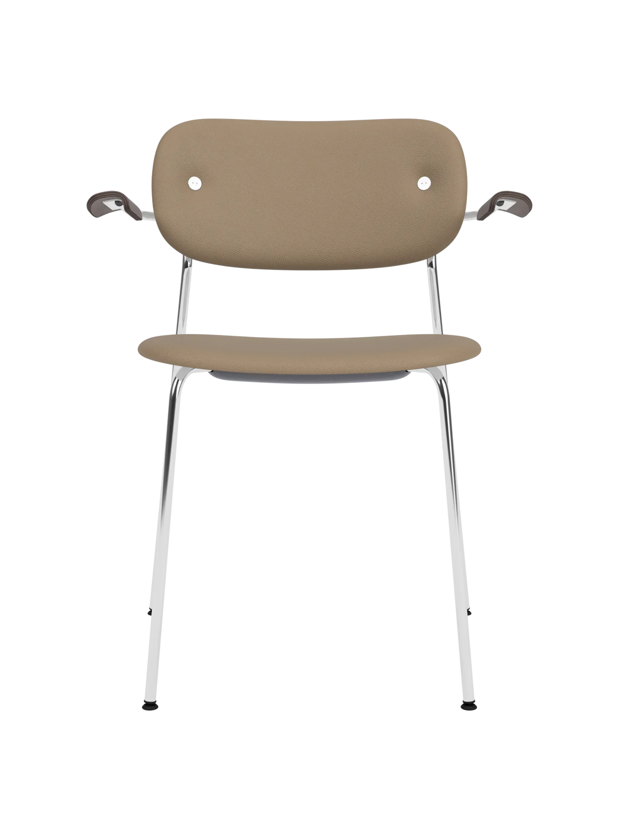 Fully upholstered Co Dining Chair with chrome frame, dark stained oak armrests and tan Sierra 1611 leather.