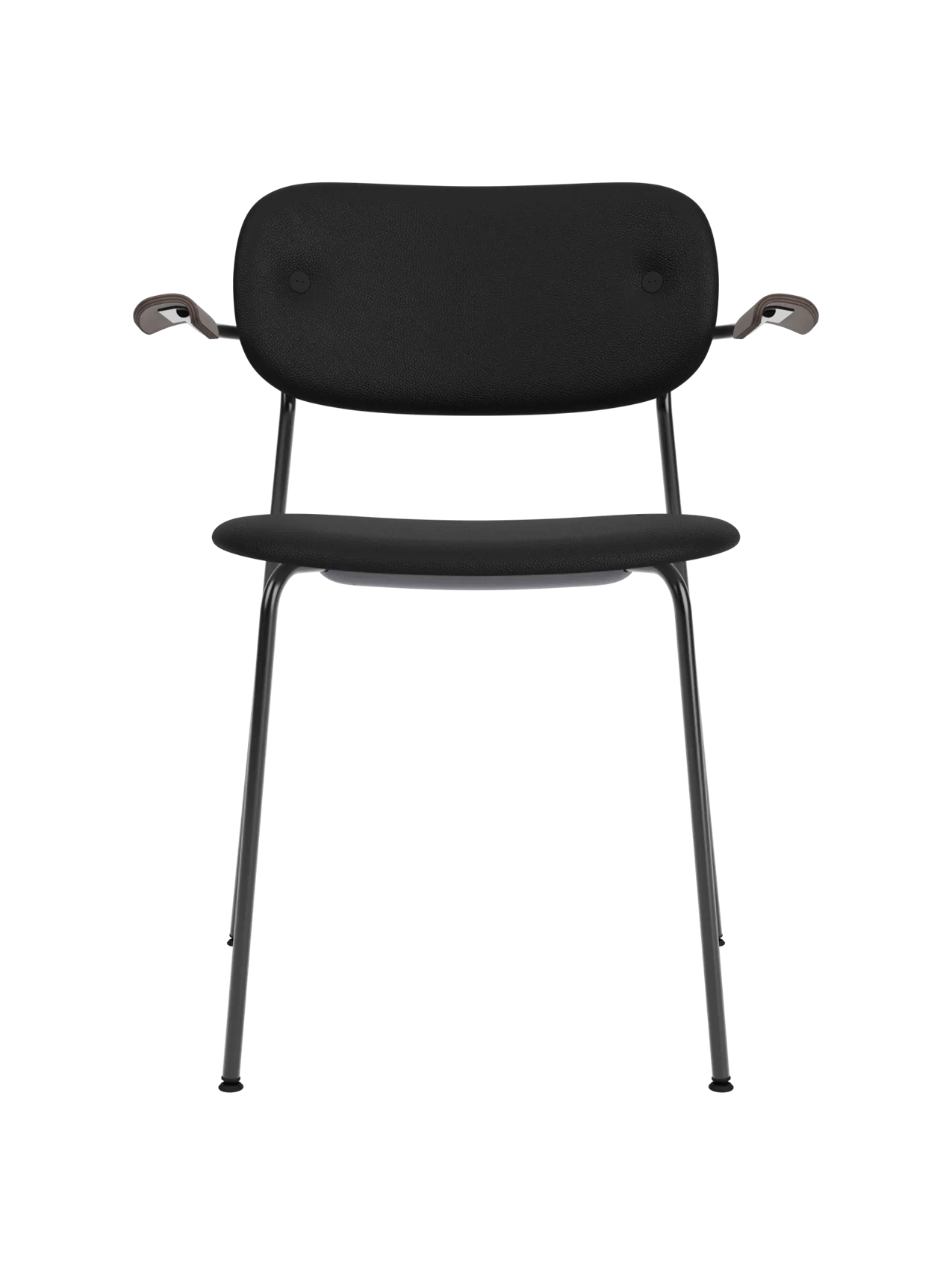 Co Dining Chair featuring black upholstery, dark stained oak armrests and a minimalist black powder-coated steel frame.