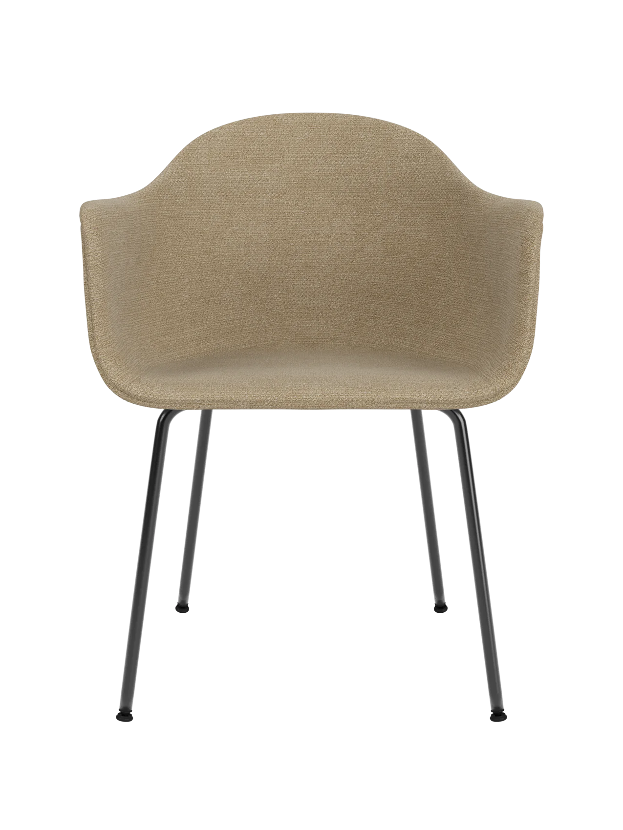 Harbour Dining Chair with a curved Audo Bouclé 02 upholstered shell and slender black steel legs.