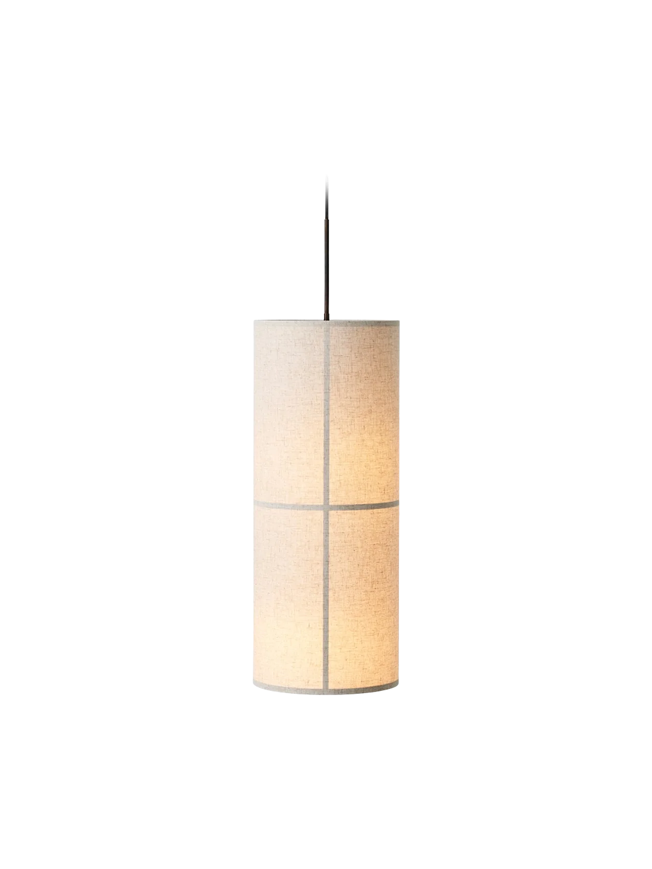 A front view of the Hashira Pendant Lamp, illuminated against a black background. The cylindrical shade is made of raw linen.