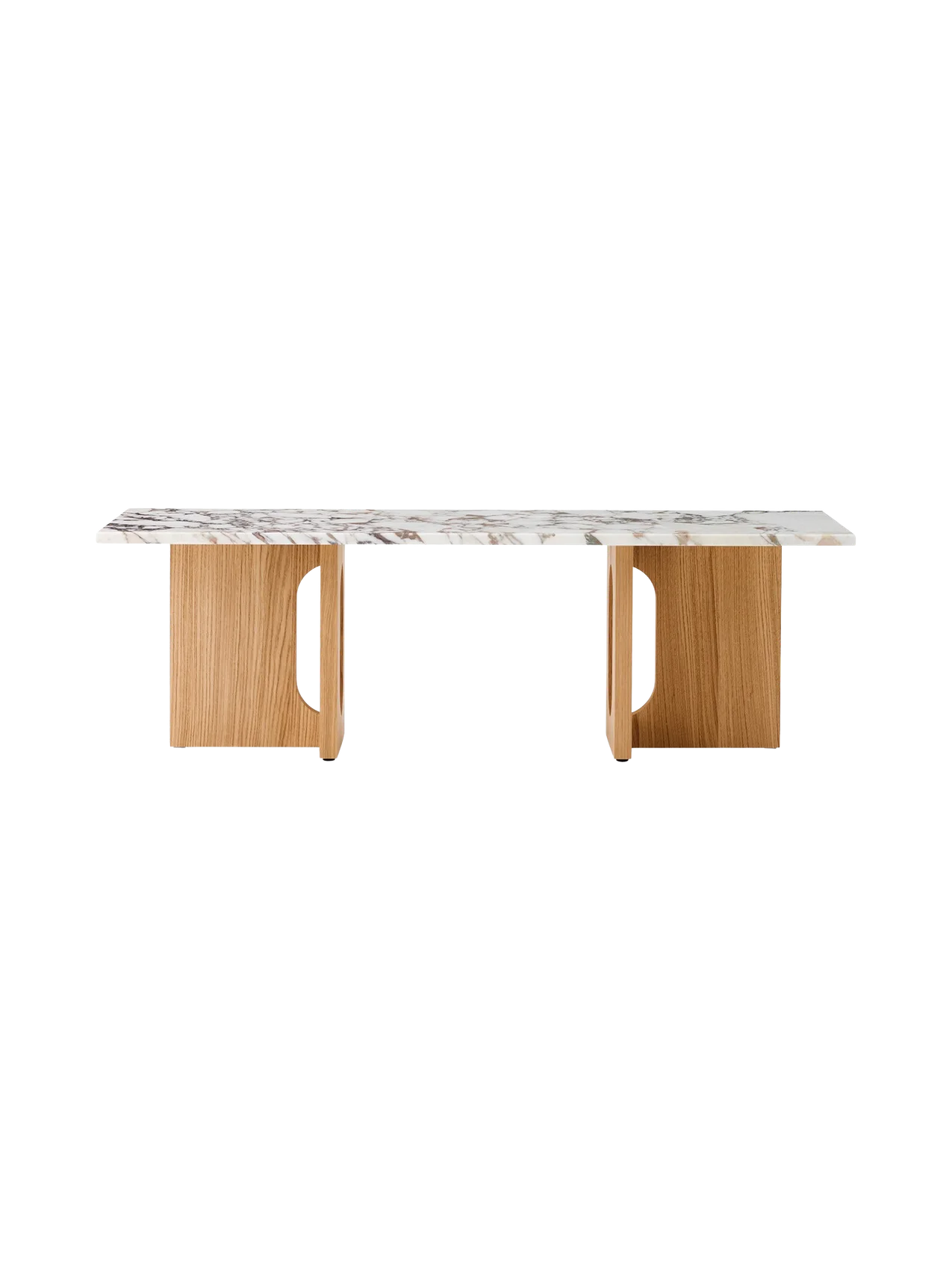 Front view of the Androgyne Lounge Table with a Calacatta Viola marble top and two natural oak legs with cutout details.