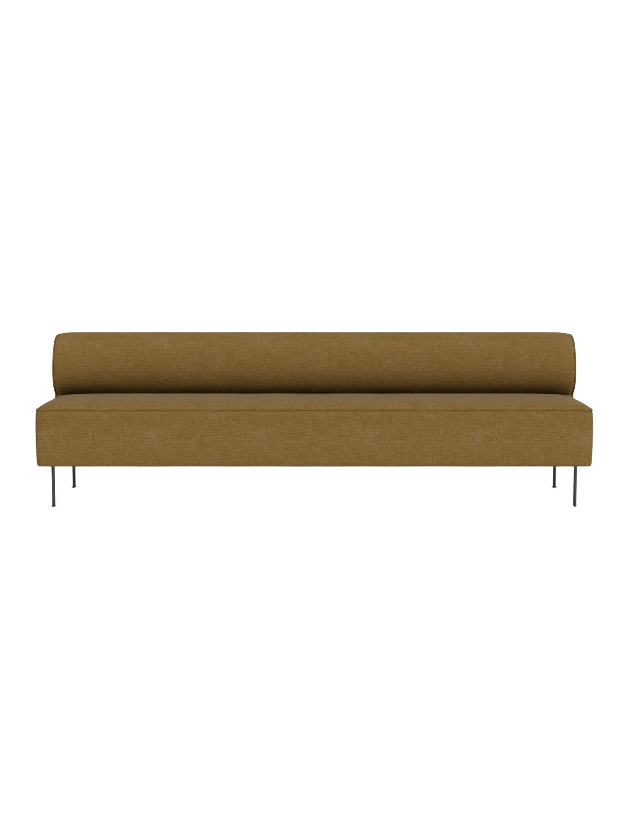 Front view of the Eave Dining Sofa open section module in mustard-yellow fabric, with a bolster backrest and thin metal legs.