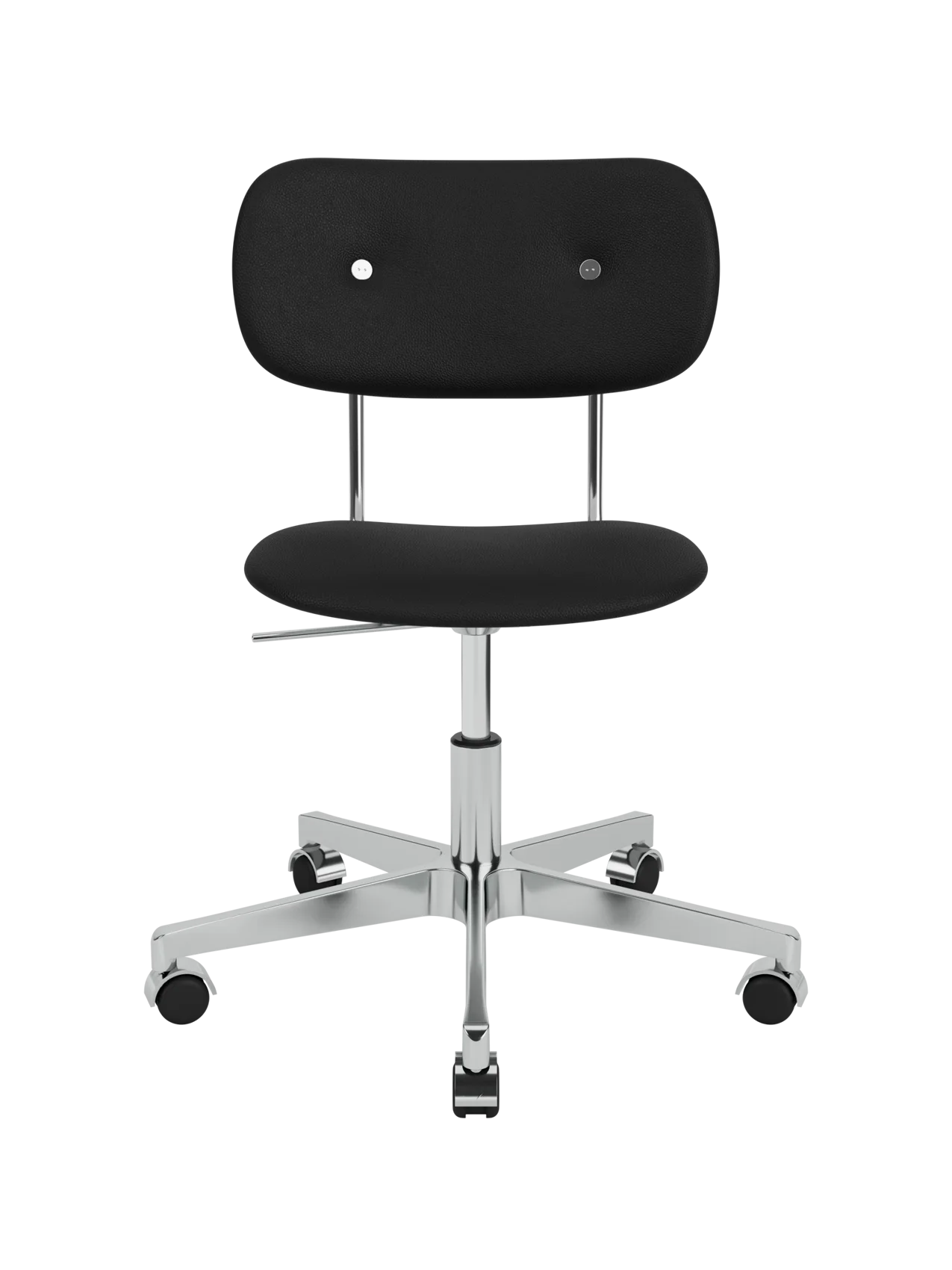 Black upholstered Co Task Chair in Sierra leather with a polished aluminium swivel base and casters.