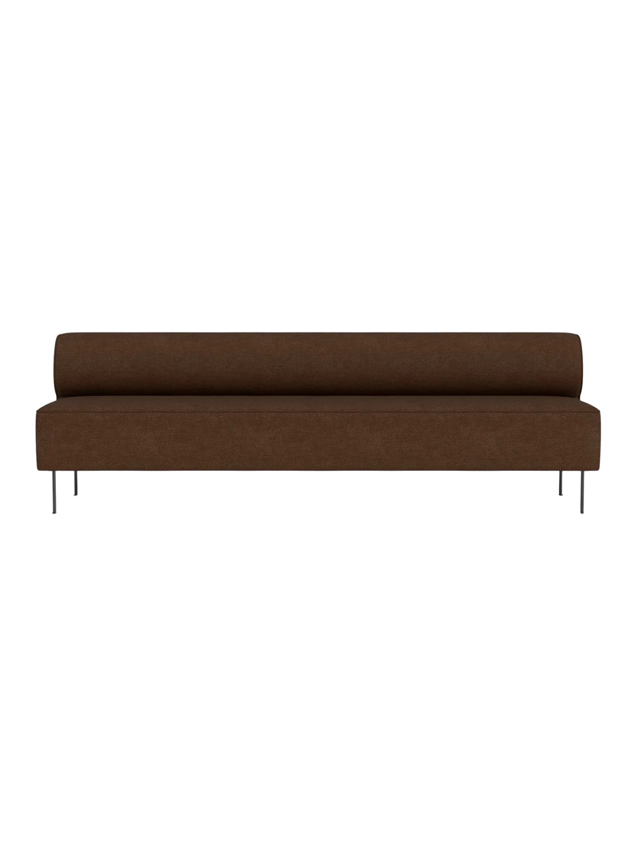 Front view of the Eave Dining Sofa, an open section module in brown fabric with a long, low profile on thin metal legs.