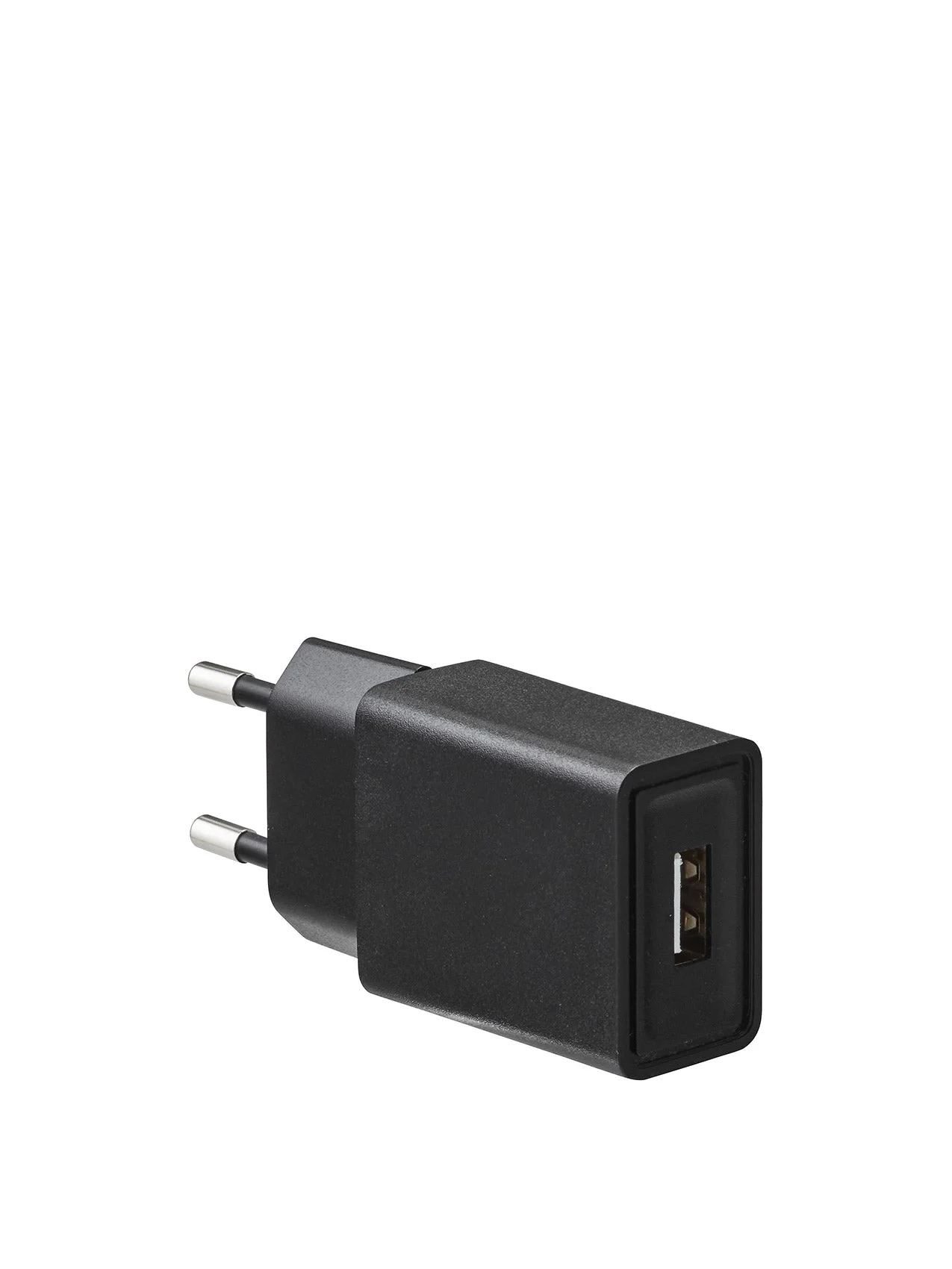 A black, rectangular USB wall charger with a two-pin European plug and one USB-A port, pictured against a white background.