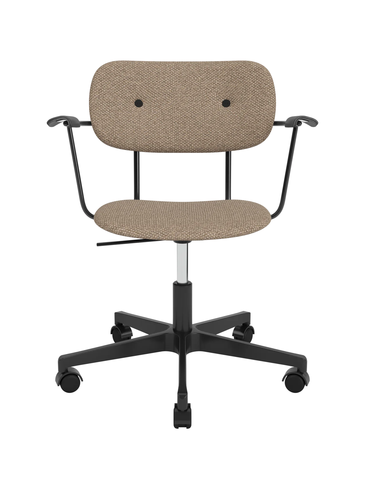 Co Task Chair in Logan Flint fabric with black oak armrests and a height-adjustable swivel base with casters.