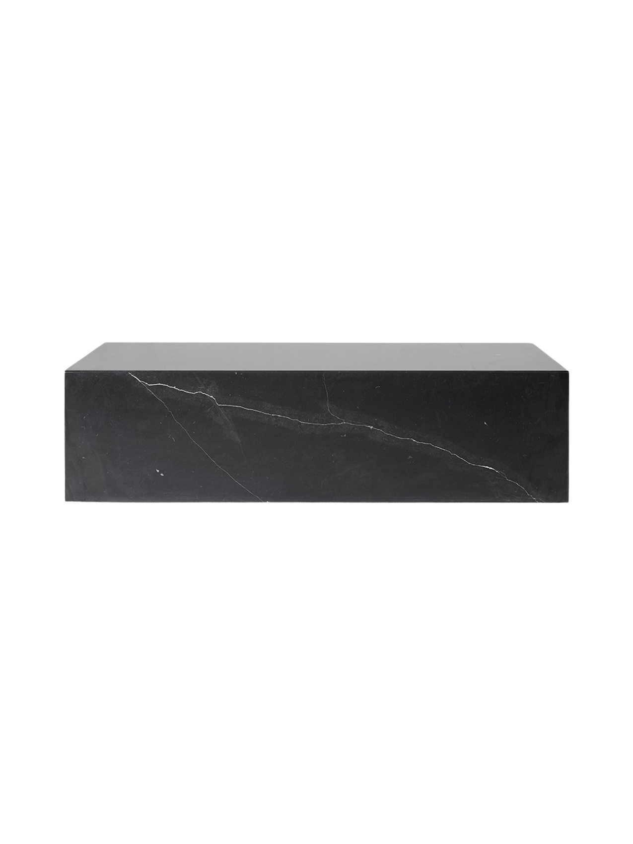 Front view of the Plinth Low, a long rectangular podium made of black Nero Marquina marble with distinctive white veining.