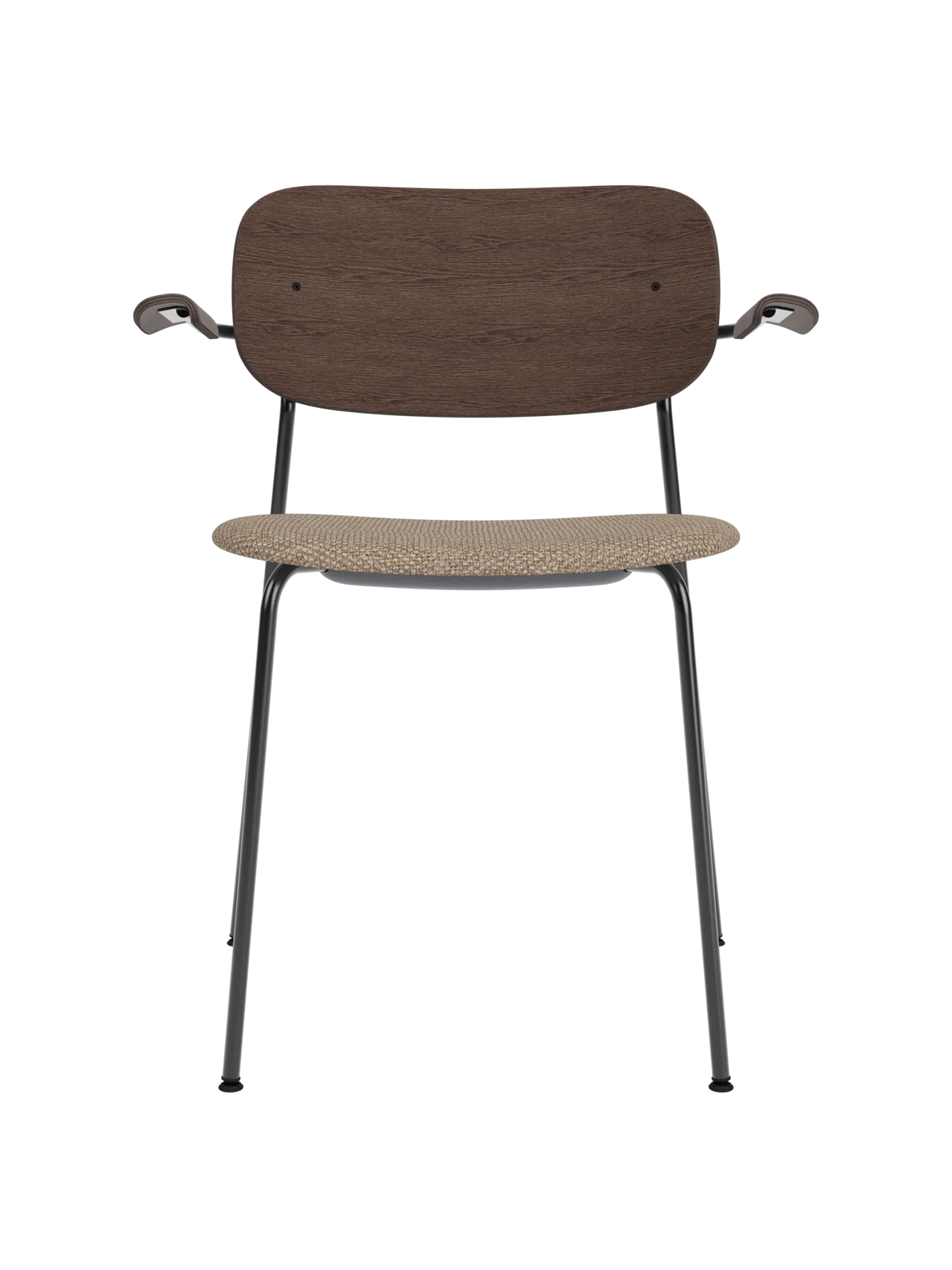 Co Dining Chair with armrests, featuring a dark stained oak backrest and Logan Flint upholstered seat on a black frame.