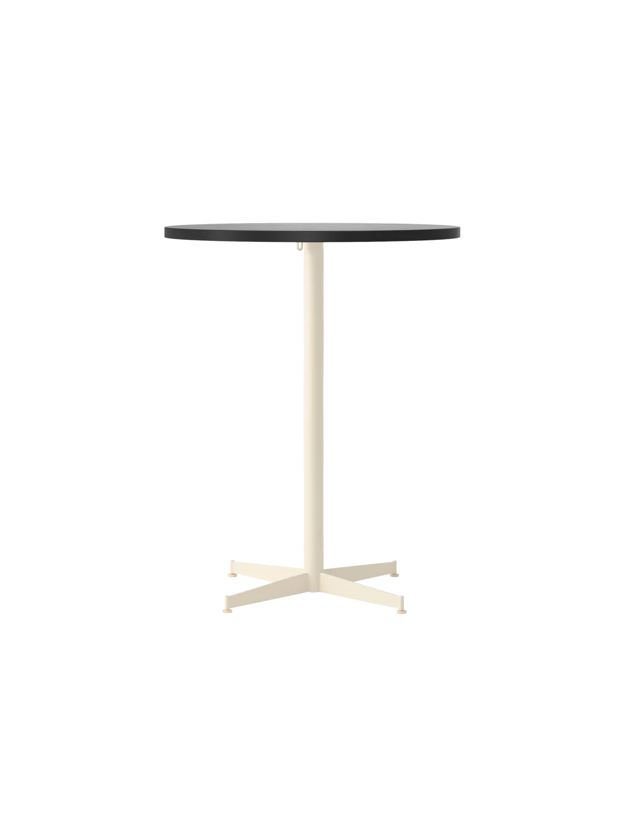 Front view of the Nook Counter Table with a round Kunis Breccia Stone top and an ivory powder-coated steel four-star base.